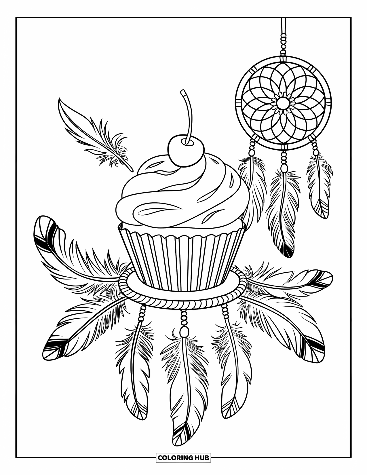 Cupcake Ausmalbild für Erwachsene: Ein Cupcake mit einer Kirsche, umgeben von Federn und einem Traumfänger