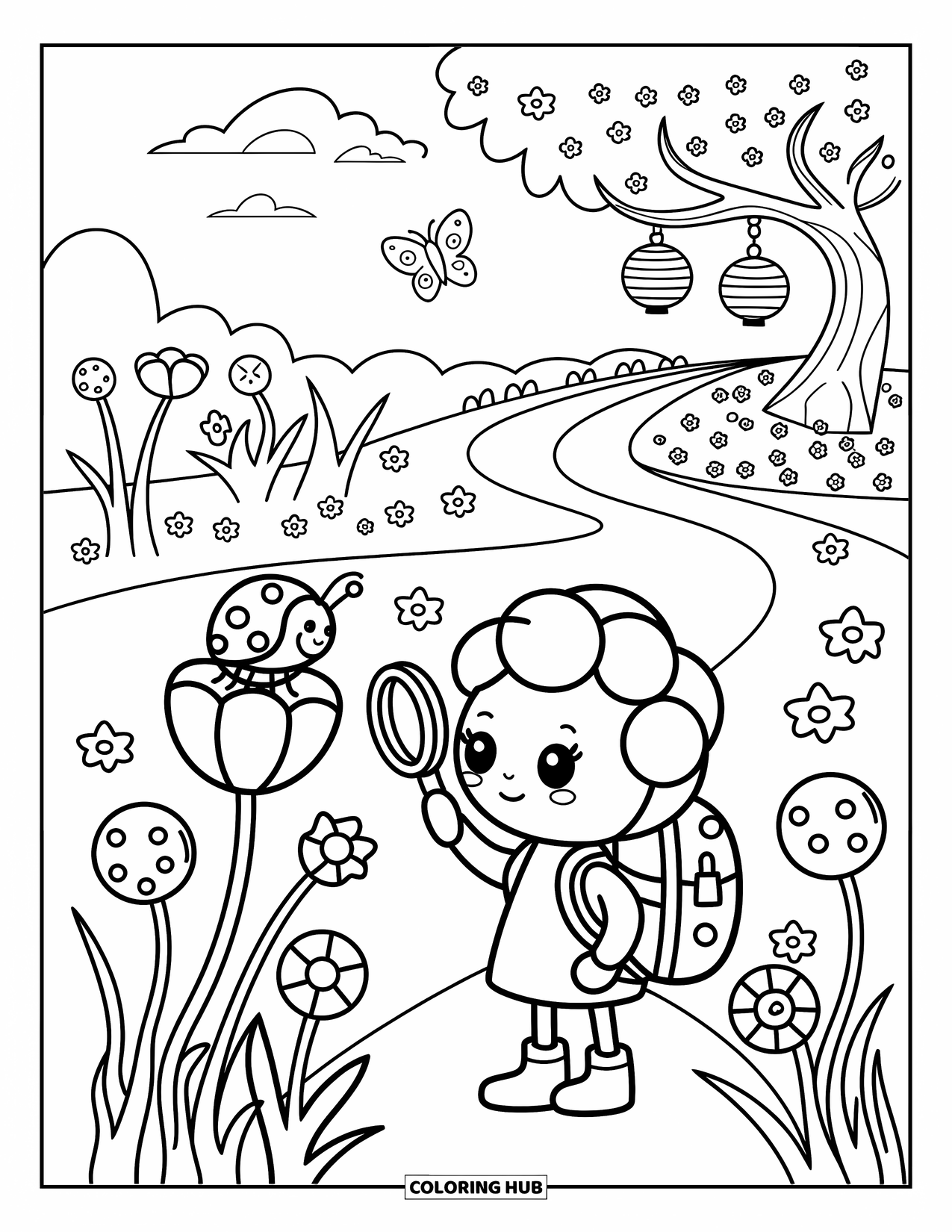 Cupcake Ausmalbild für Erwachsene: Ein Cupcake mit einem Vergrößerungsglas inspiziert einen Marienkäfer zwischen Blumen und Laternen