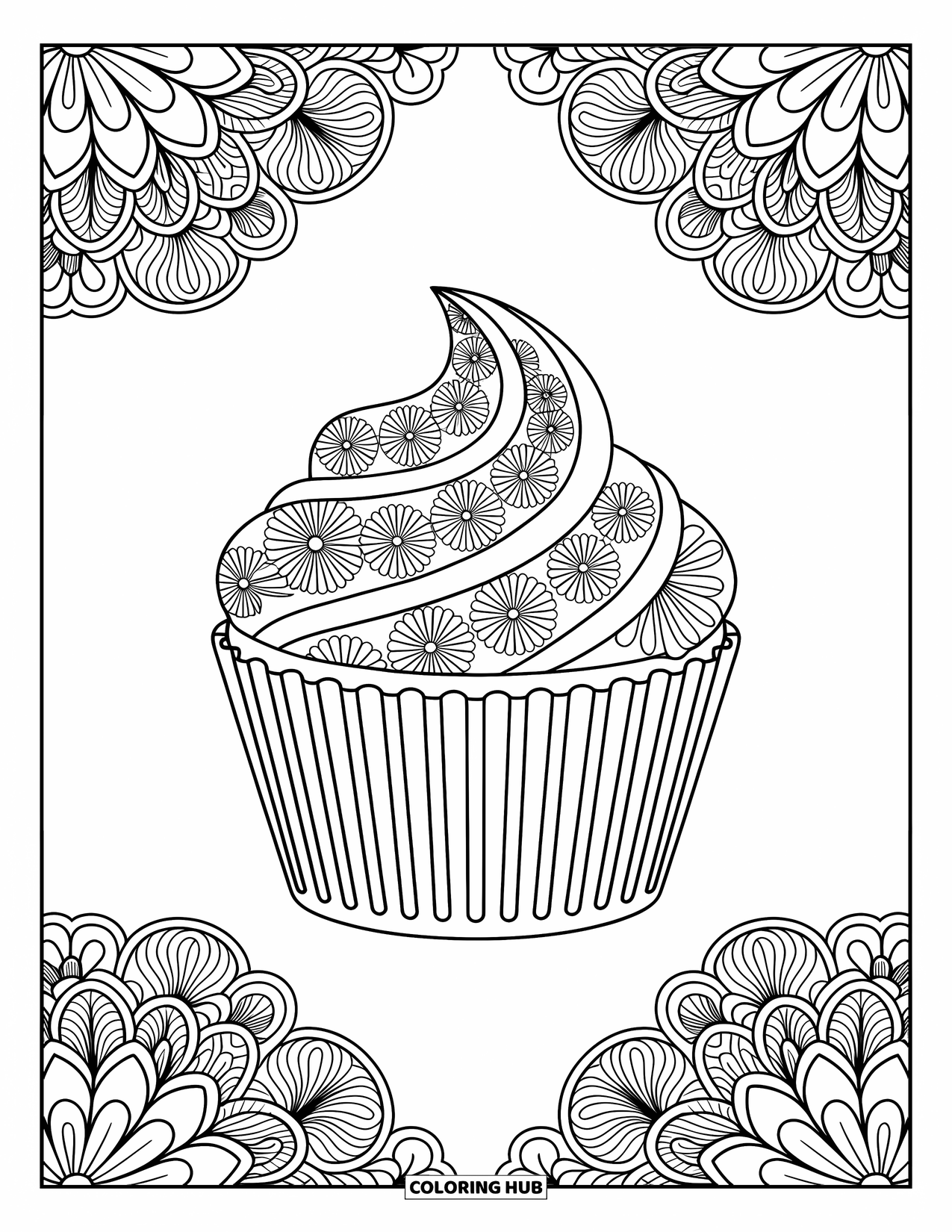 Cupcake Ausmalbild für Erwachsene: Ein Cupcake mit einem Mandala-Muster sitzt zwischen floralen Bordüren und Wirbeln
