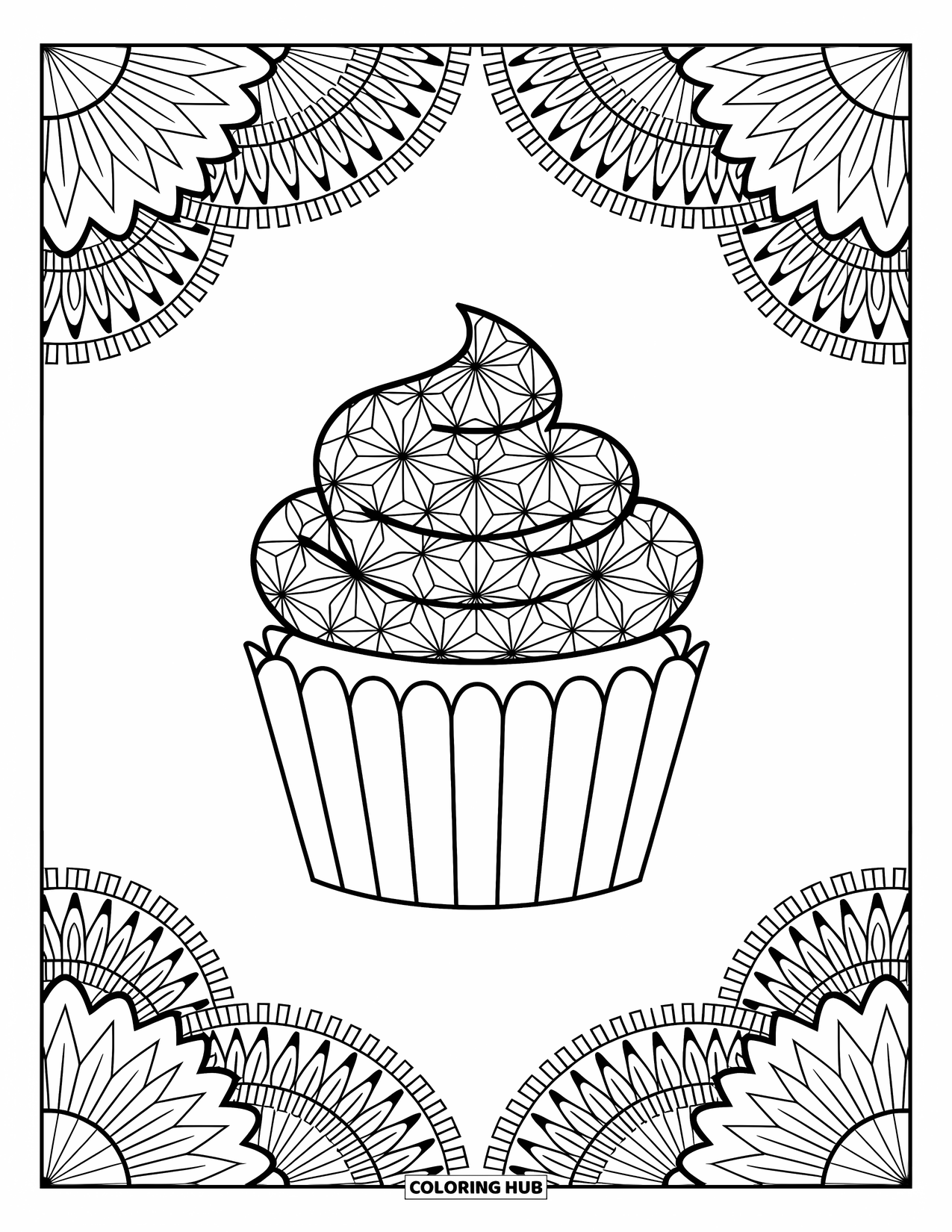 Cupcake Ausmalbild für Erwachsene: Ein Cupcake mit einer Mandala-Verpackung und Blumenmustern sitzt vor einem klaren, weißen Hintergrund