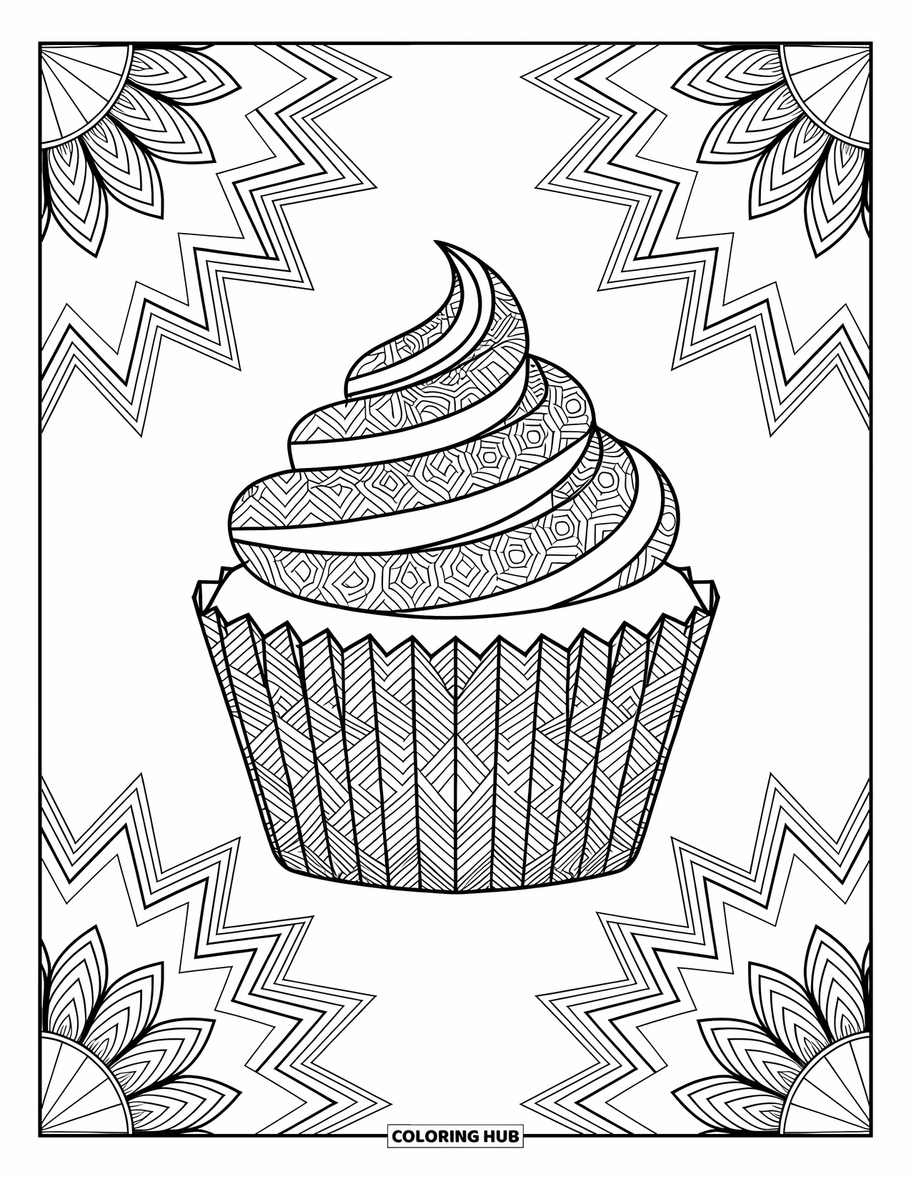 Cupcake Ausmalbild für Erwachsene: Ein Cupcake mit einer Mandala-Verpackung sitzt im Zentrum, umgeben von geometrischen Mustern