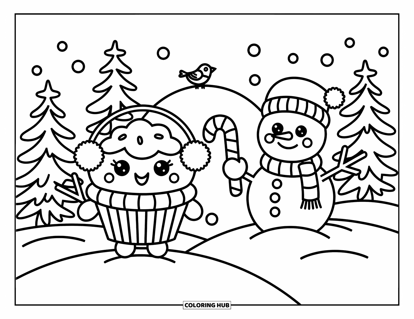 Cupcake Ausmalbild für Erwachsene: Ein Cupcake mit einem Schal und Ohrenschützern hält einen Zuckerstock neben einem Schneemann und Kiefern