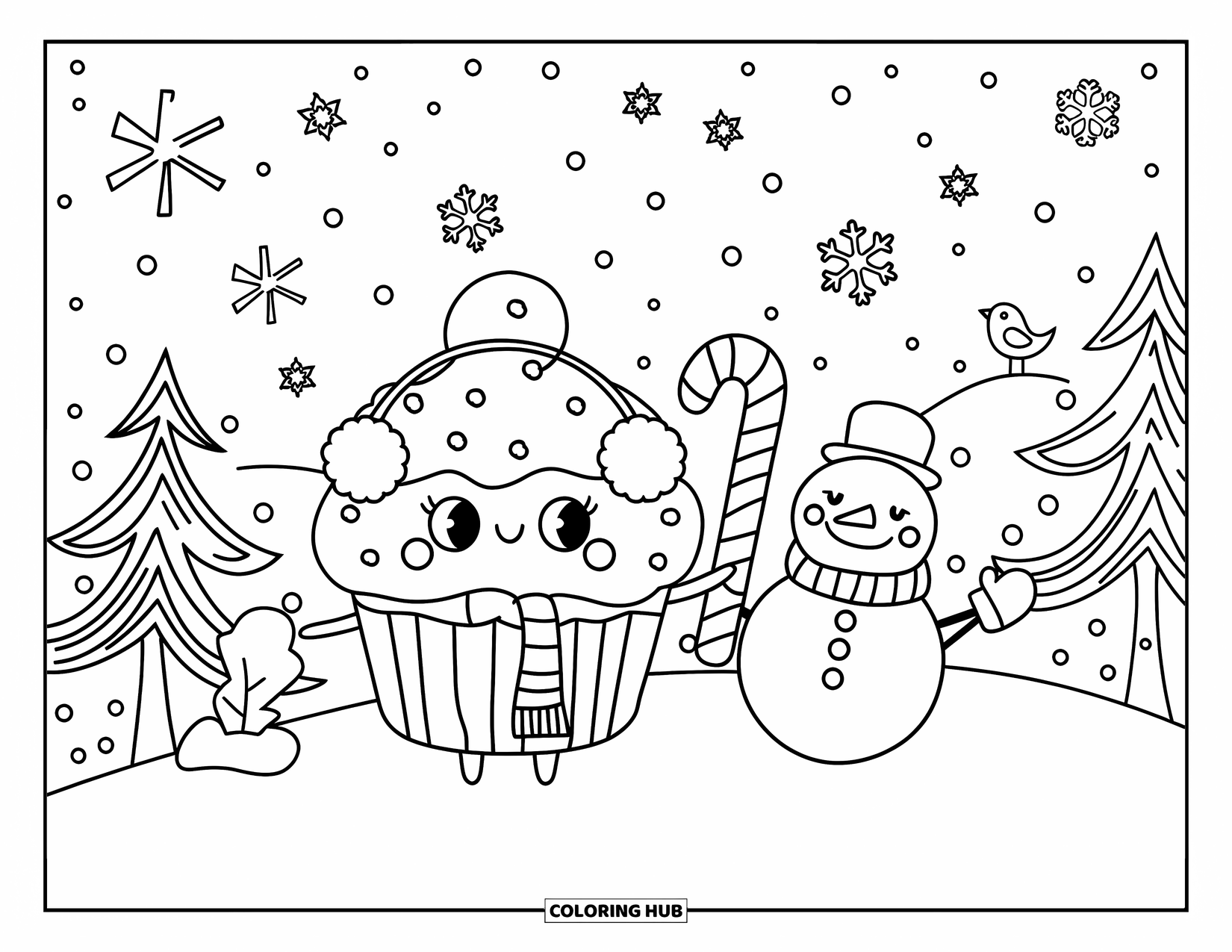 Cupcake Ausmalbild für Erwachsene: Ein Cupcake mit einem Schal und Ohrenschützern steht auf einem schneebedeckten Hügel neben einem Schneemann und einem Vogel