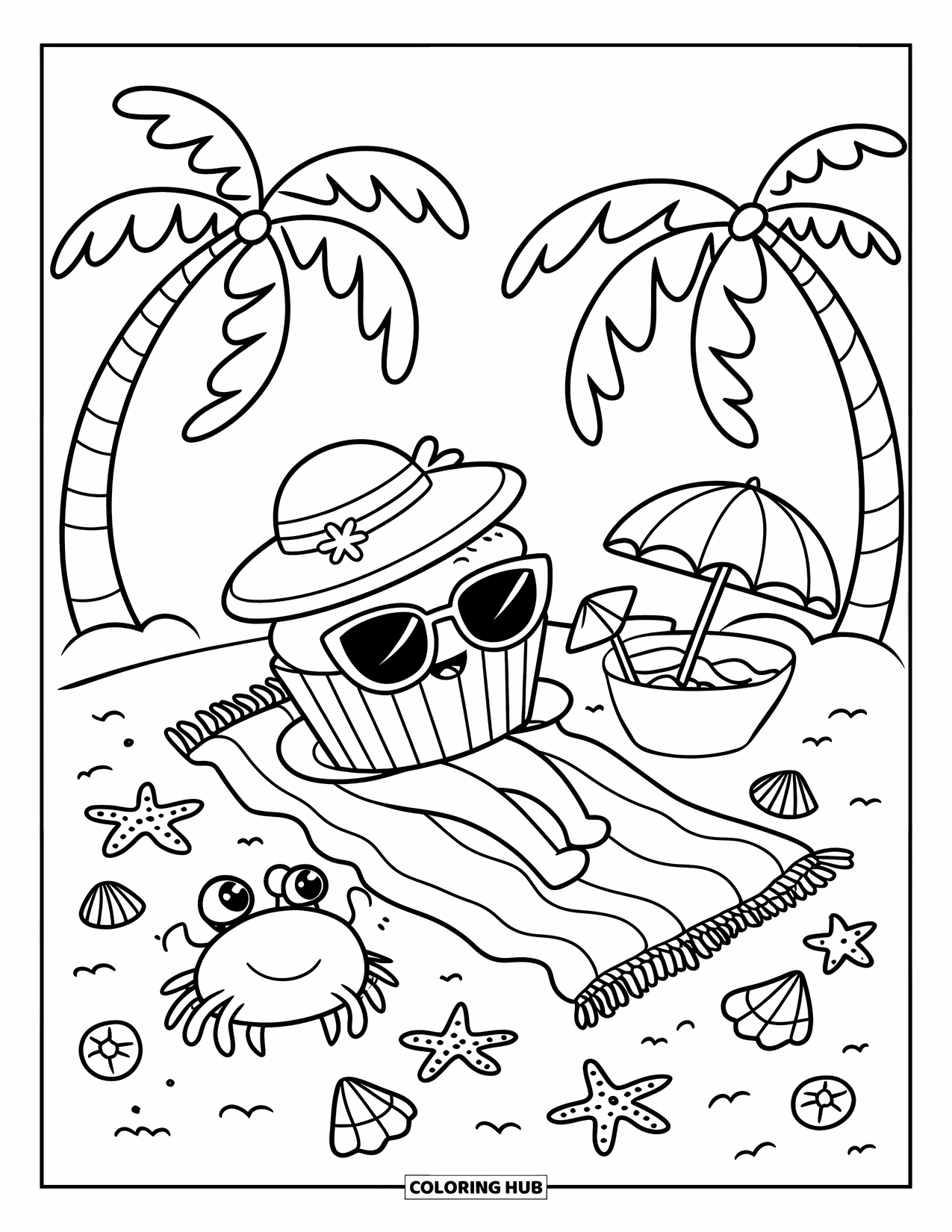 Cupcake Ausmalbild für Erwachsene: Ein Cupcake mit Sonnenhut und Sonnenbrille entspannt sich auf einem Strandtuch mit einer Krabbe