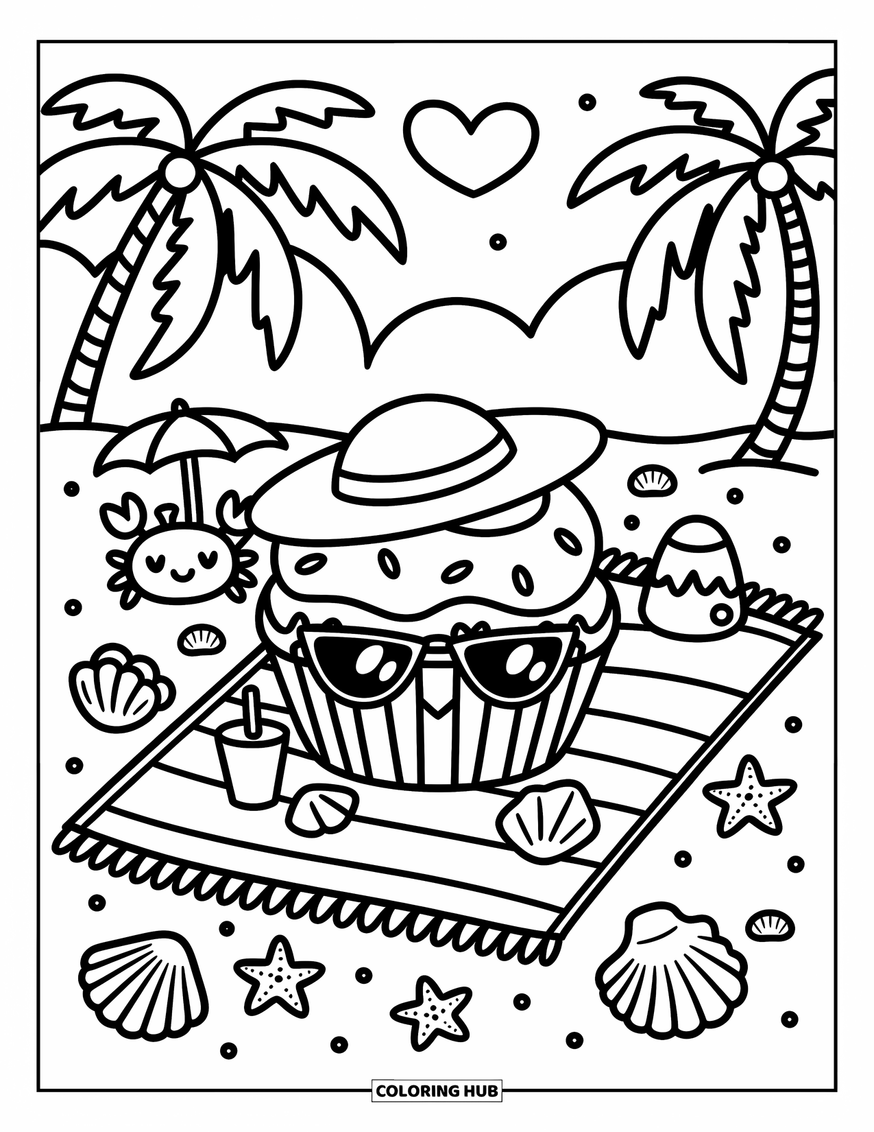Cupcake Ausmalbild für Erwachsene: Ein Cupcake mit Sonnenhut liegt mit Muscheln, einem Getränk und einer lächelnden Krabbe