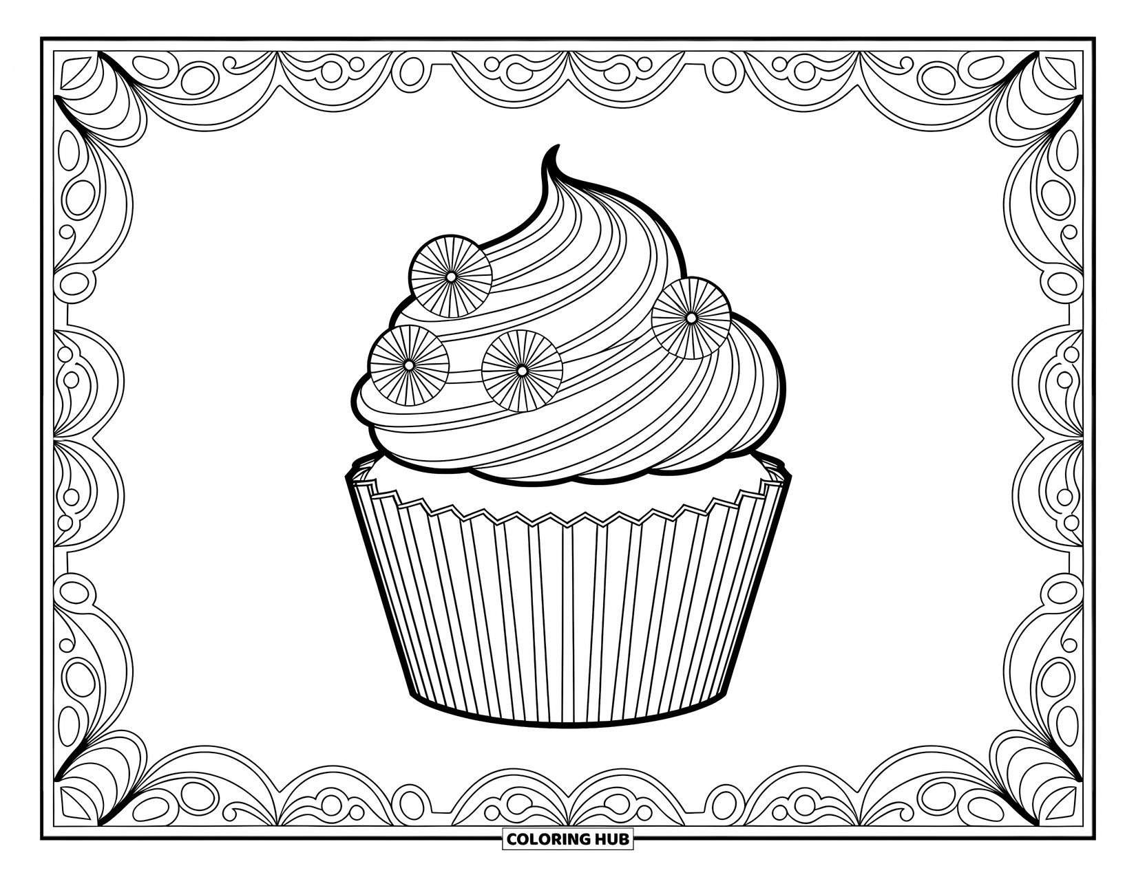 Cupcake Ausmalbild für Erwachsene: Ein Cupcake mit Jugendstil-Wirbeln und botanischen Akzenten ist von komplizierten Mustern umrahmt