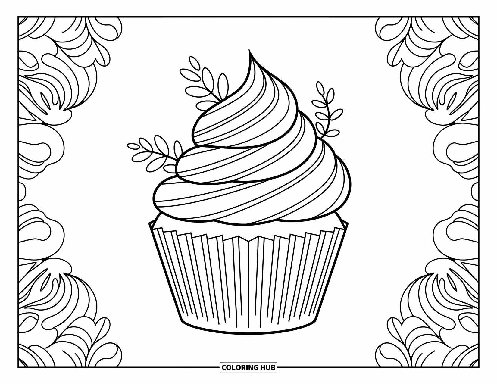 Cupcake Ausmalbild für Erwachsene: Ein Cupcake mit Jugendstil-Wirbeln sitzt zwischen zarten Blumenmustern und Bordüren