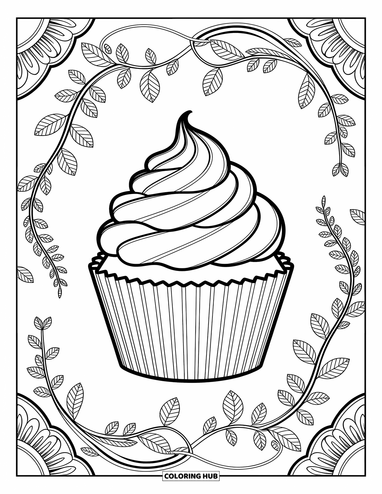 Cupcake Ausmalbild für Erwachsene: Ein Cupcake mit botanischen Details sitzt zwischen Blättern und filigranen Ranken