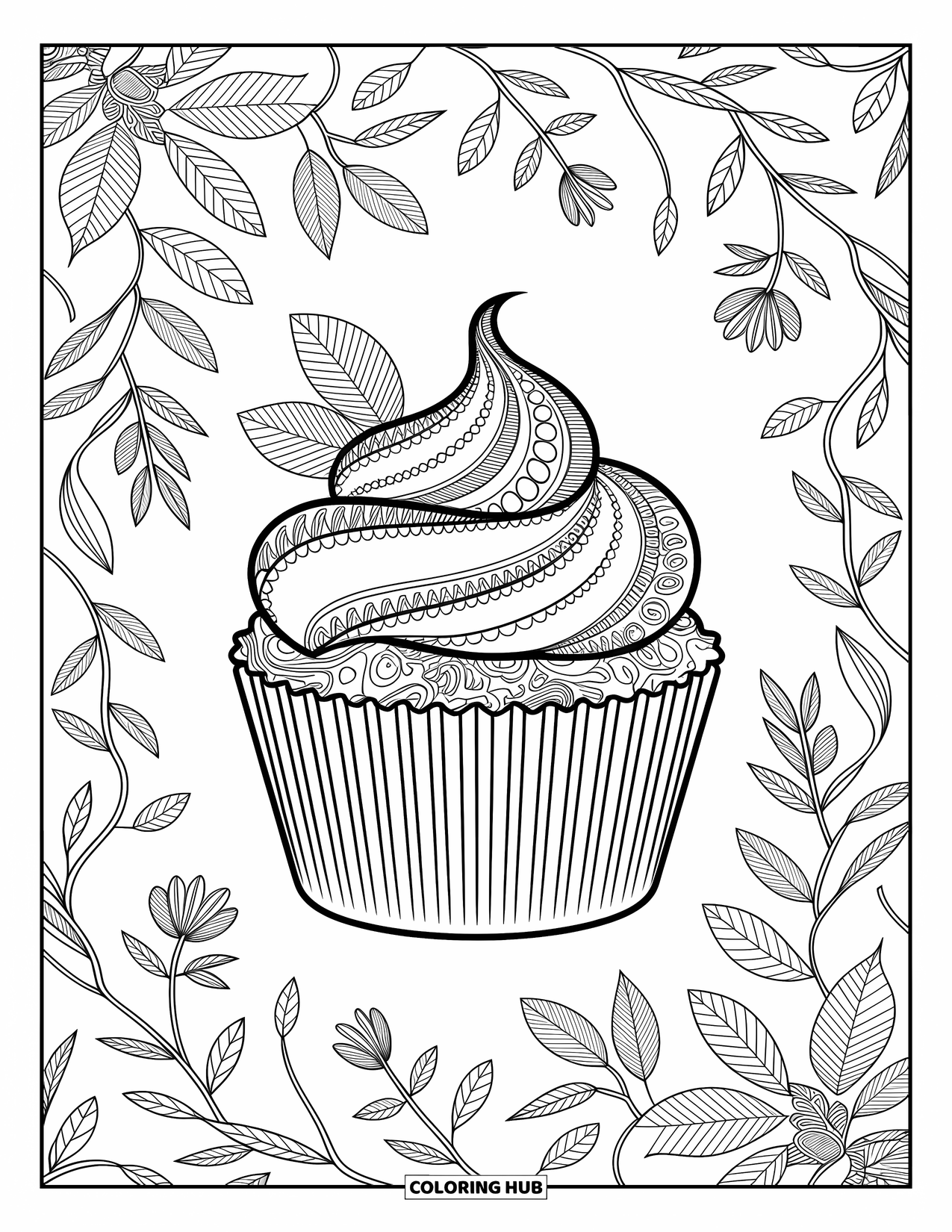 Cupcake Ausmalbild für Erwachsene: Ein Cupcake mit botanischen Elementen sitzt zwischen Blättern, Ranken und Blumen
