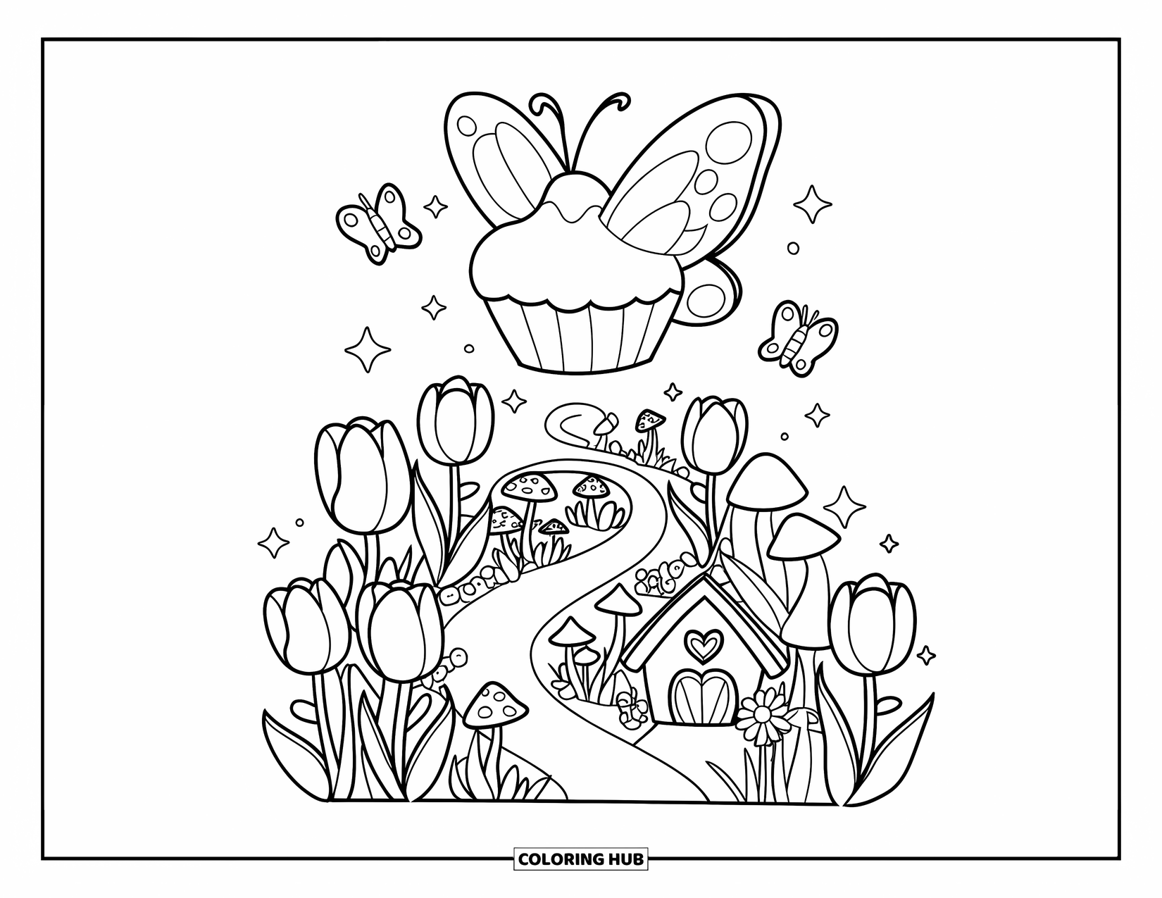 Cupcake Ausmalbild für Erwachsene: Ein Cupcake mit Schmetterlingsflügeln schwebt über einem skurrilen Garten voller Blumen und Schmetterlinge