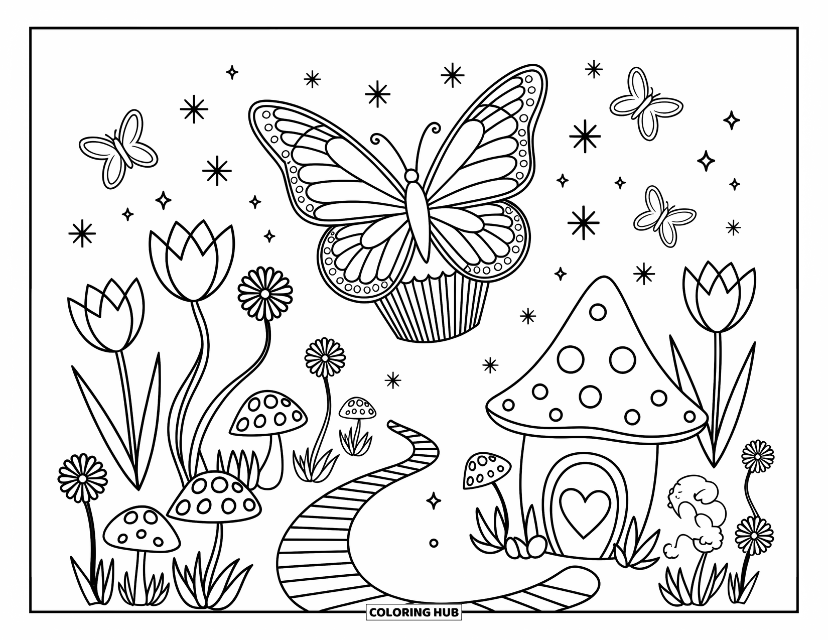 Cupcake Ausmalbild für Erwachsene: Ein Cupcake mit Schmetterlingsflügeln flattert über Blumen und ein winziges Häschen lugt hervor