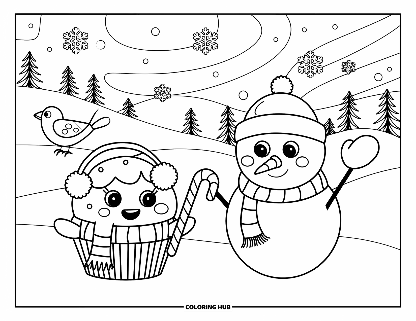 Cupcake Ausmalbild für Erwachsene: Ein Cupcake mit Ohrenschützern und einem Schal genießt einen verschneiten Hügel mit einem Schneemann und einem Vogel