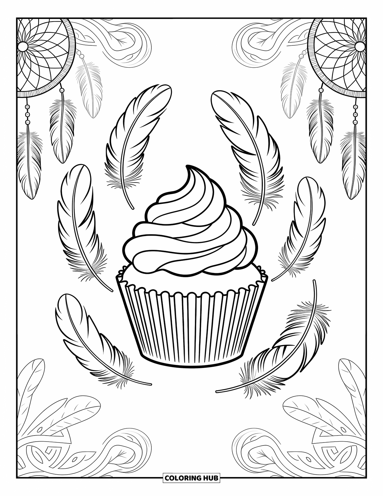 Cupcake Ausmalbild für Erwachsene: Ein Cupcake mit Federn und Traumfänger-Designs sitzt zwischen wirbelnden Mustern