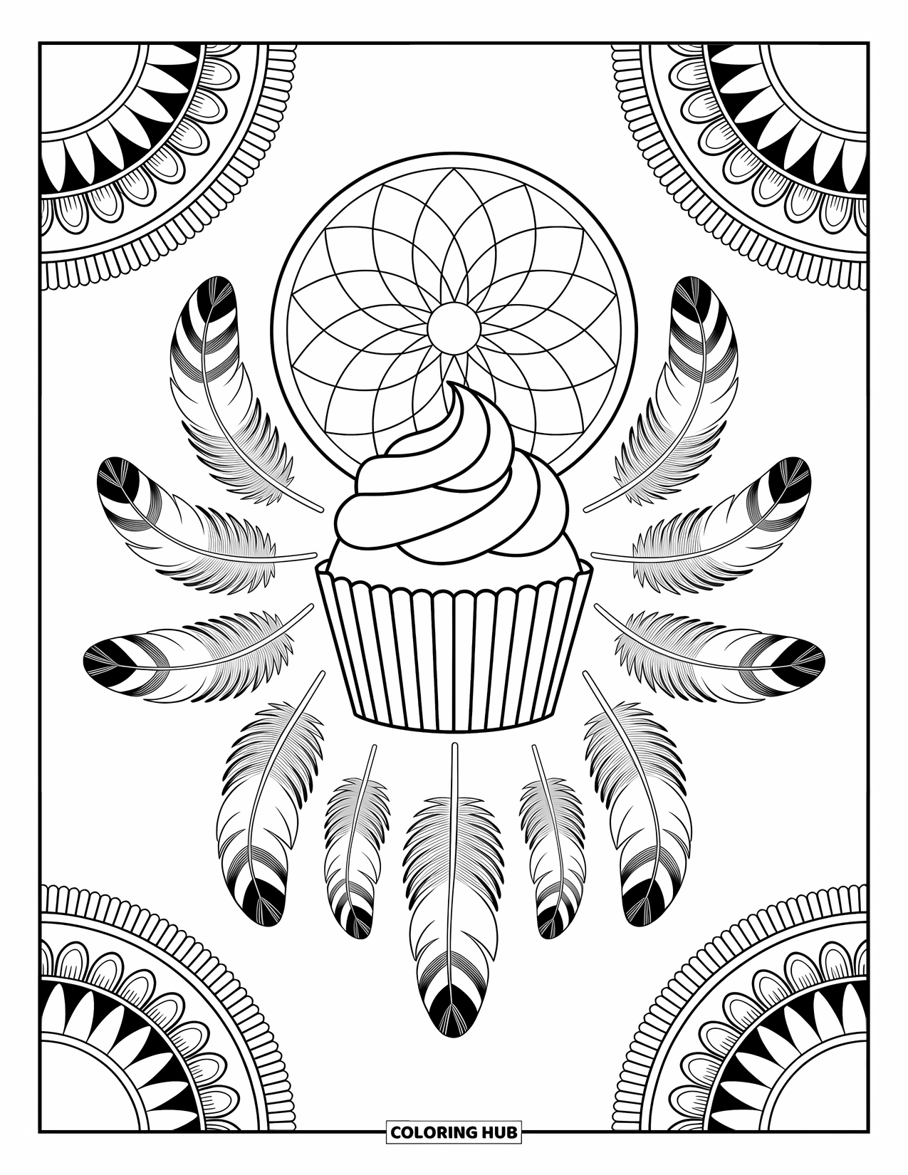 Cupcake Ausmalbild für Erwachsene: Ein Cupcake mit Federn und Traumfänger-Details ist von verzierten Mustern umrahmt