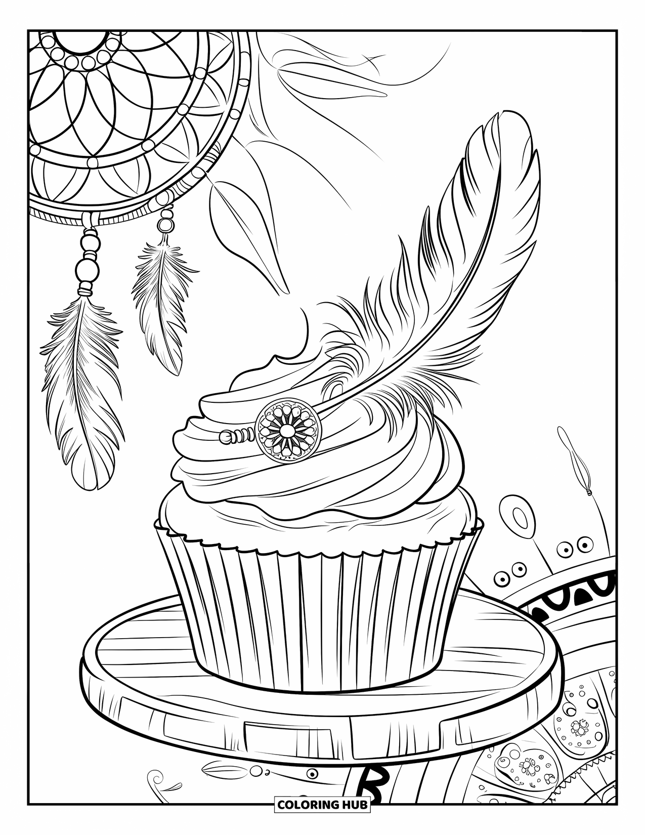 Cupcake Ausmalbild für Erwachsene: Ein Cupcake mit Federn und Traumfänger-Details ruht auf einem Holzbrett