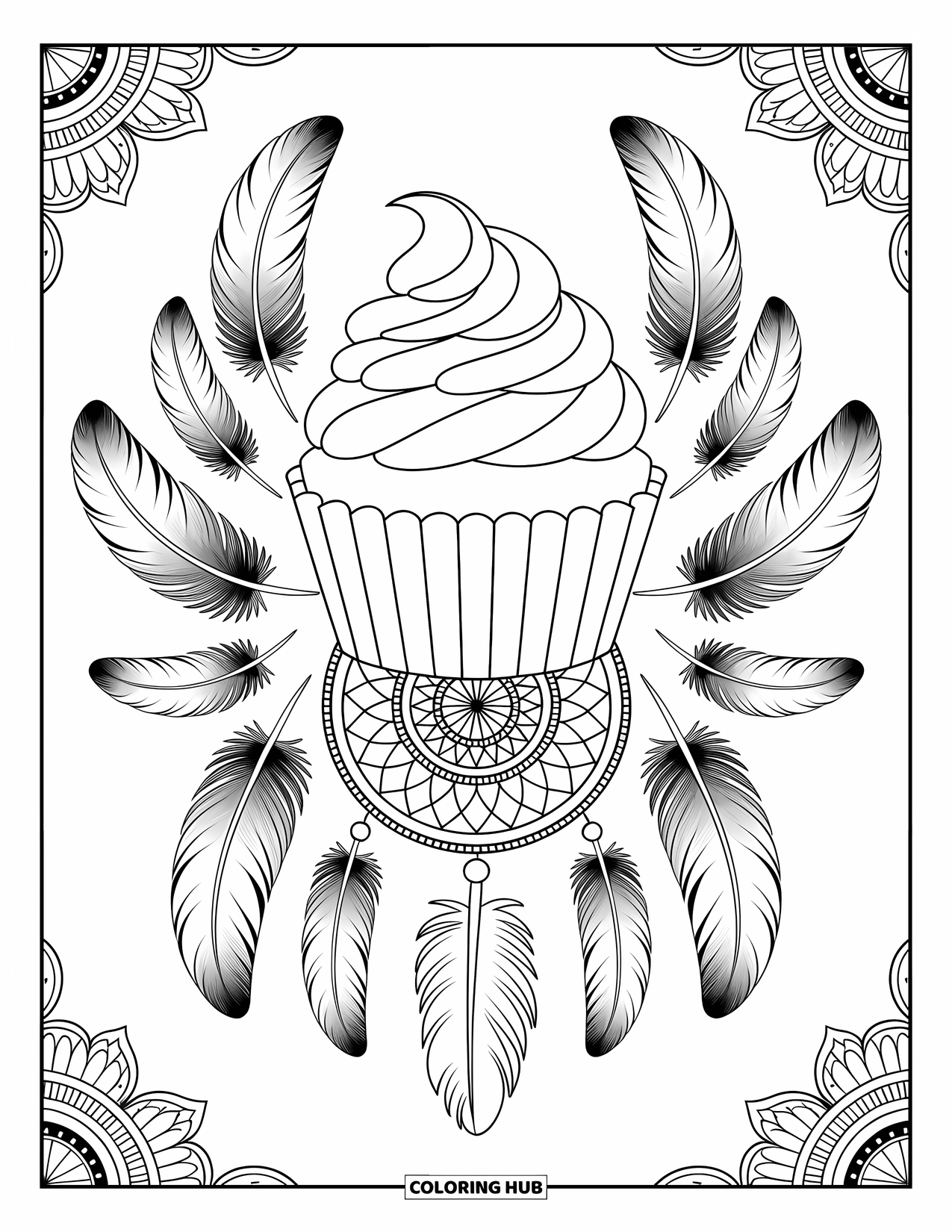 Cupcake Ausmalbild für Erwachsene: Ein Cupcake mit Federn und Traumfängern ist von filigranen Bordüren und Mustern umrahmt