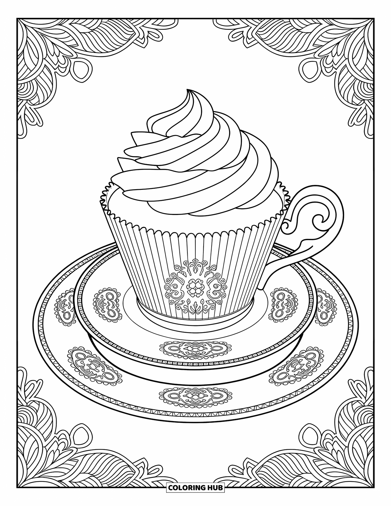 Cupcake Ausmalbild für Erwachsene: Ein Cupcake mit floralen Details sitzt auf einem Teeservice inmitten wirbelnder Muster