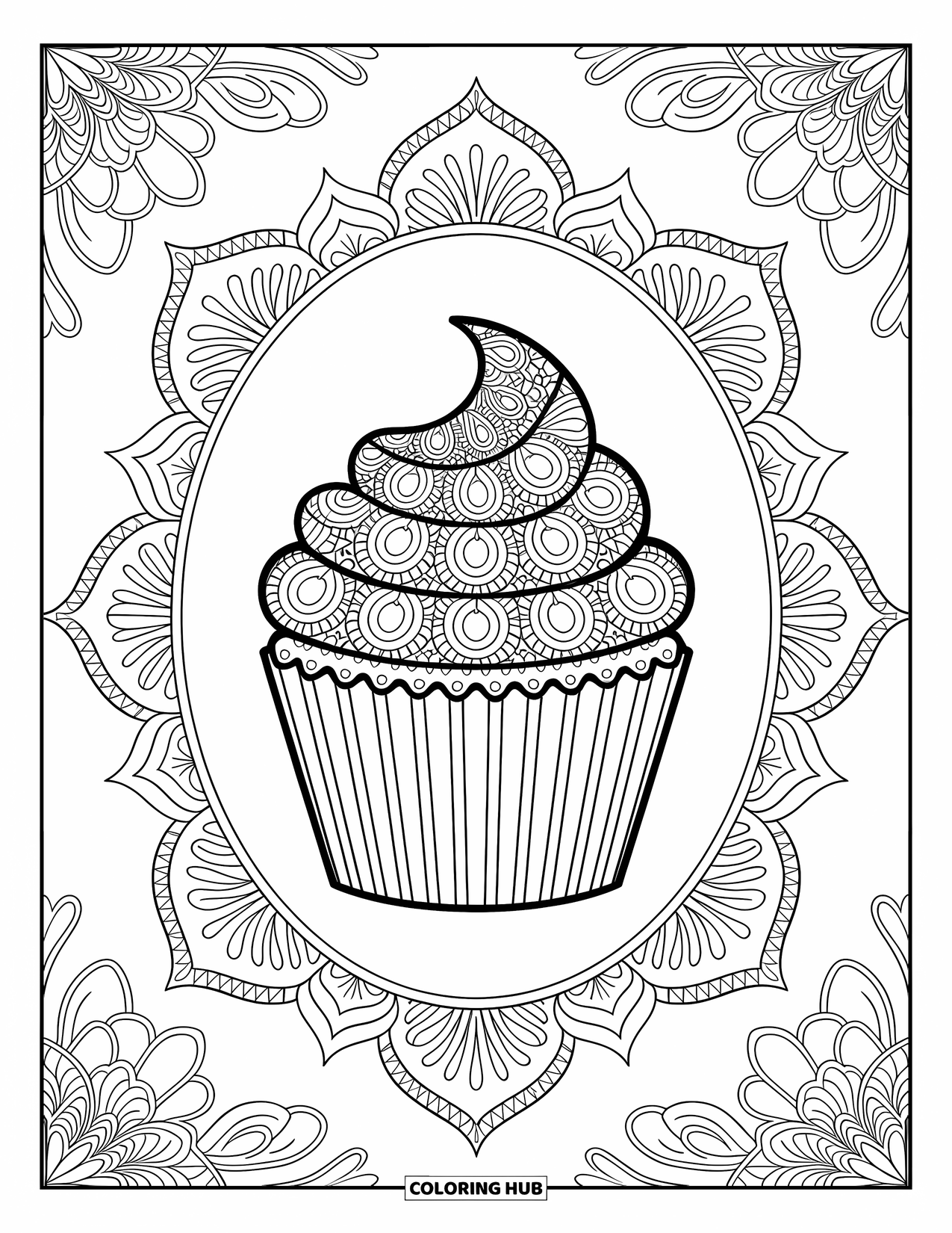 Cupcake Ausmalbild für Erwachsene: Ein Cupcake mit floralen Mandala-Designs sitzt zwischen filigranen und eleganten Mustern
