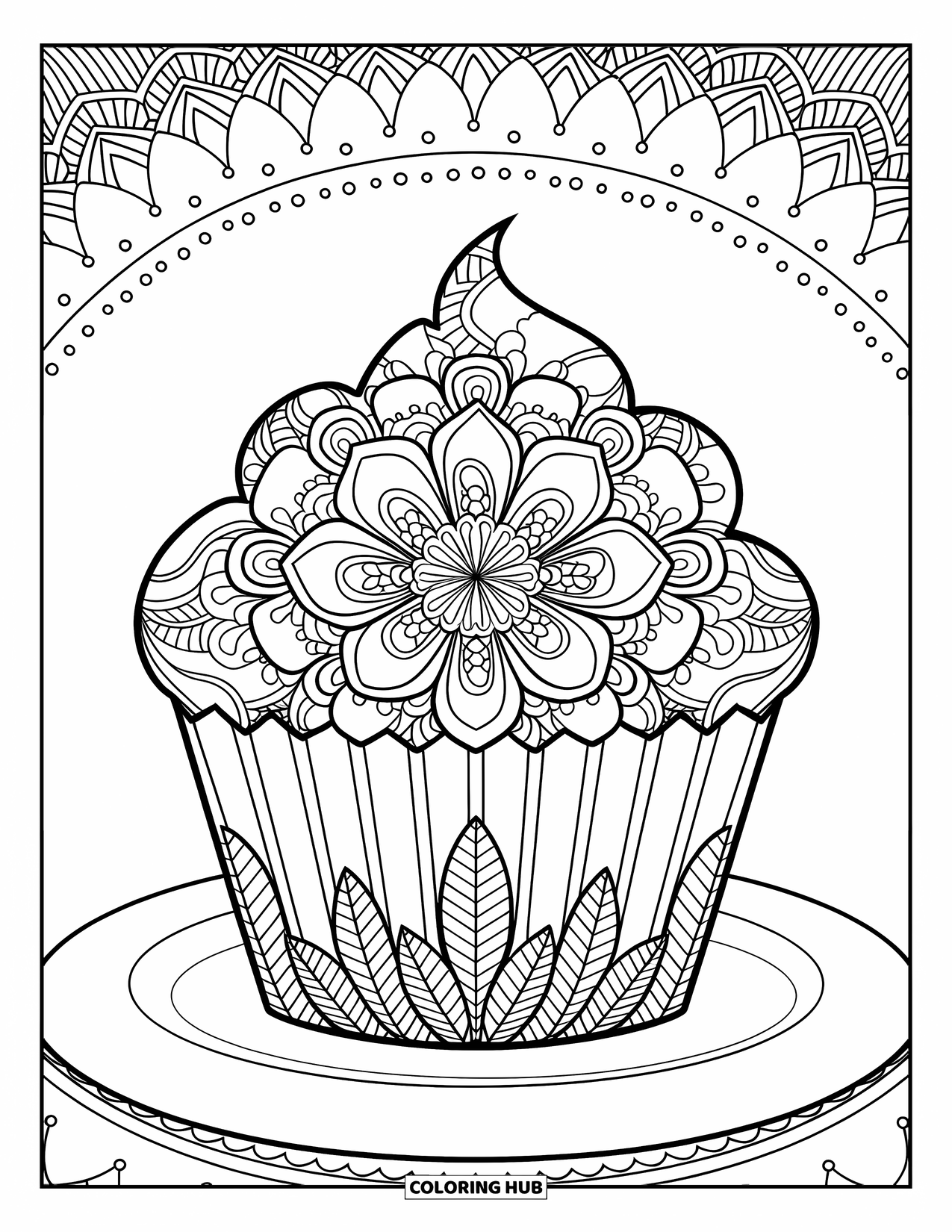 Cupcake Ausmalbild für Erwachsene: Ein Cupcake mit Blumenmustern sitzt auf einem Teller mit Blattdetails