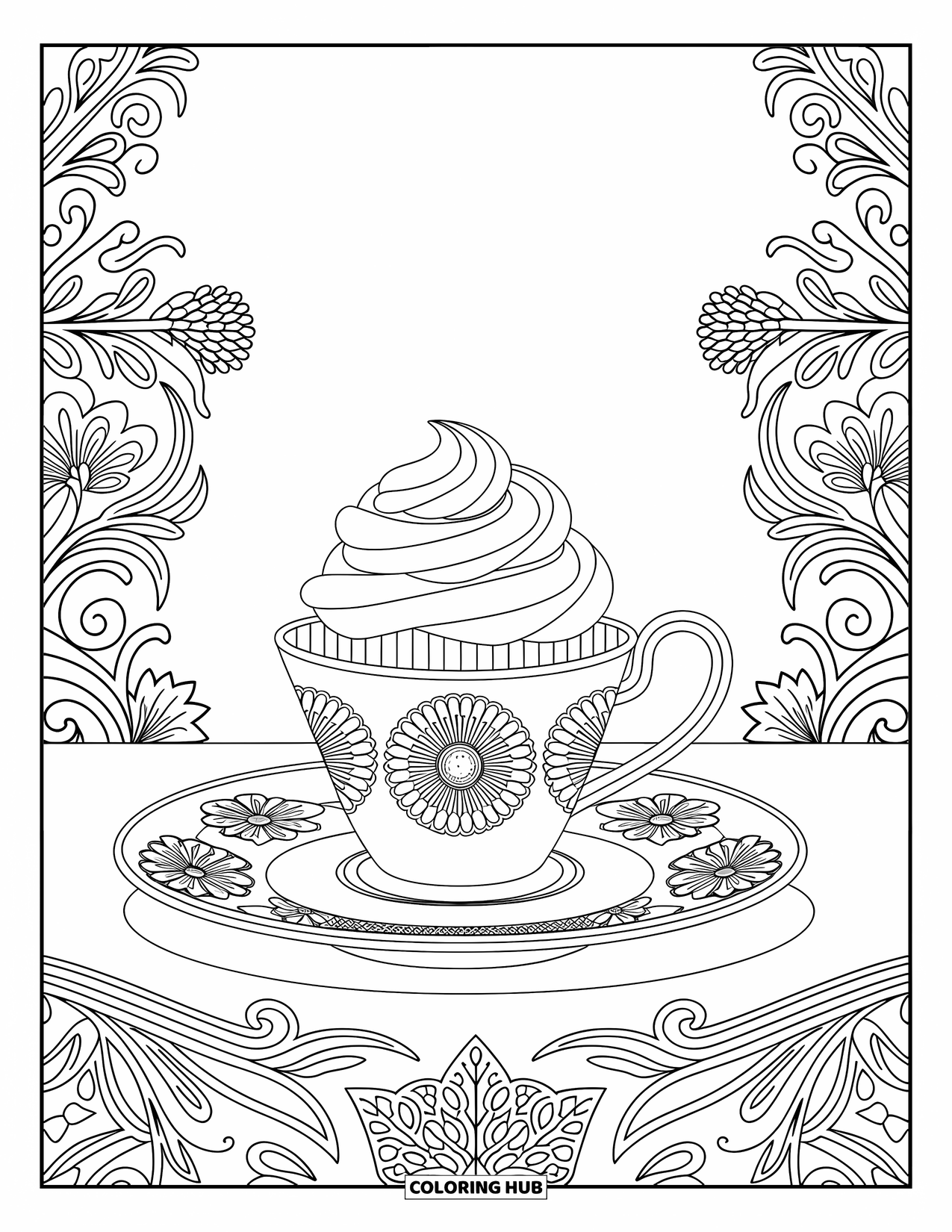 Cupcake Ausmalbild für Erwachsene: Ein Cupcake mit Blumenmustern sitzt auf einem Teeservice mit verzierten Designs