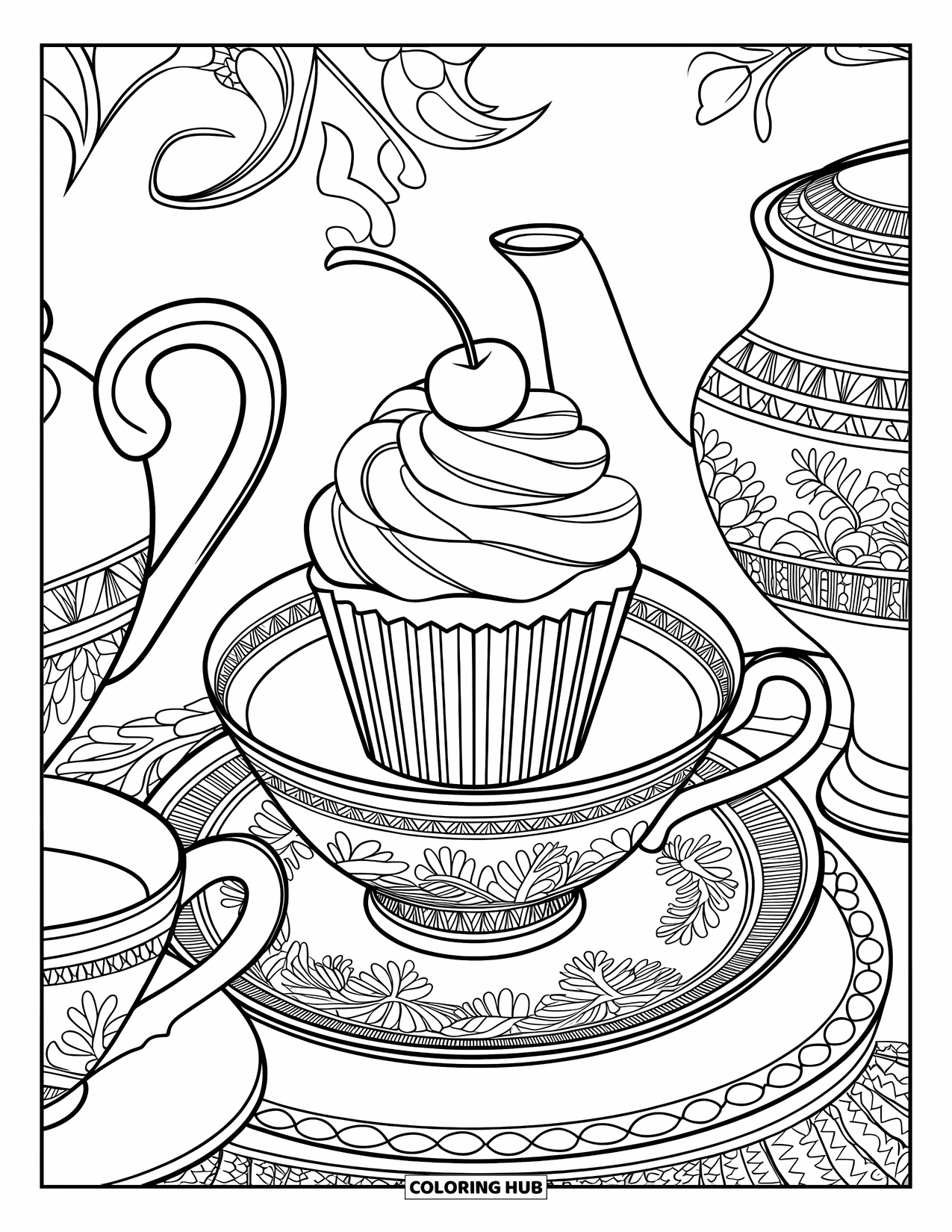 Cupcake Ausmalbild für Erwachsene: Ein Cupcake mit Blumenmustern sitzt auf einem verzierten Teeservice