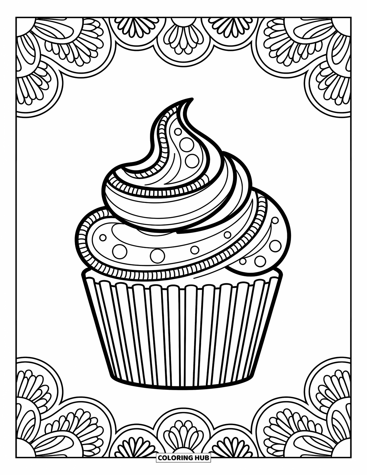 Cupcake Ausmalbild für Erwachsene: Ein Cupcake mit Henna-Mustern im Zuckerguss, umgeben von wirbelnden Mustern
