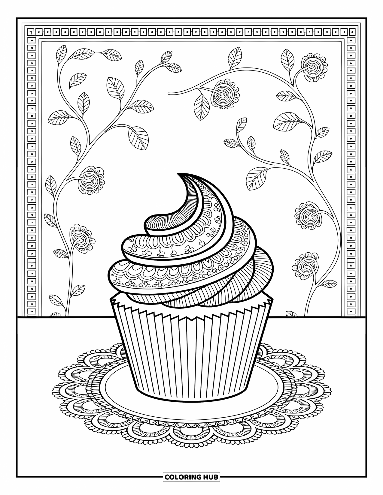 Cupcake Ausmalbild für Erwachsene: Ein Cupcake mit Henna-Designs sitzt auf einem Teller, umgeben von eleganten, filigranen Mustern