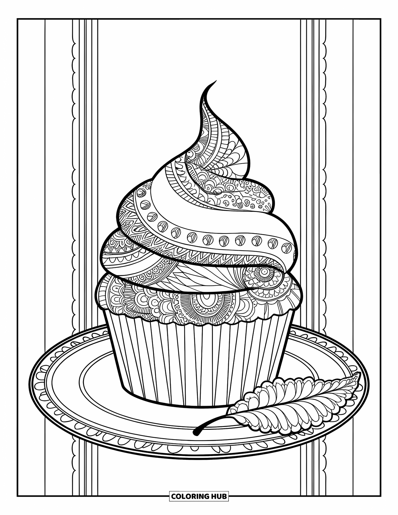 Cupcake Ausmalbild für Erwachsene: Ein Cupcake mit Henna-Designs sitzt auf einem Teller mit einem Blatt in der Nähe