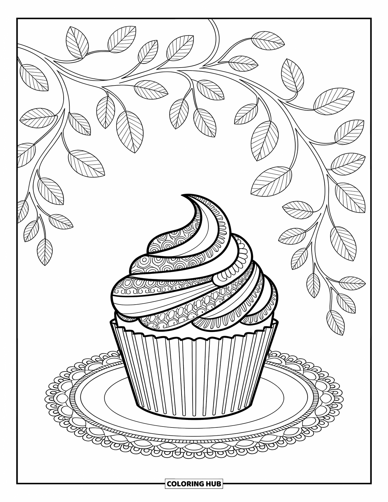 Cupcake Ausmalbild für Erwachsene: Ein Cupcake mit Henna-inspirierten Mustern sitzt auf einem Teller mit wirbelnden Blumendetails