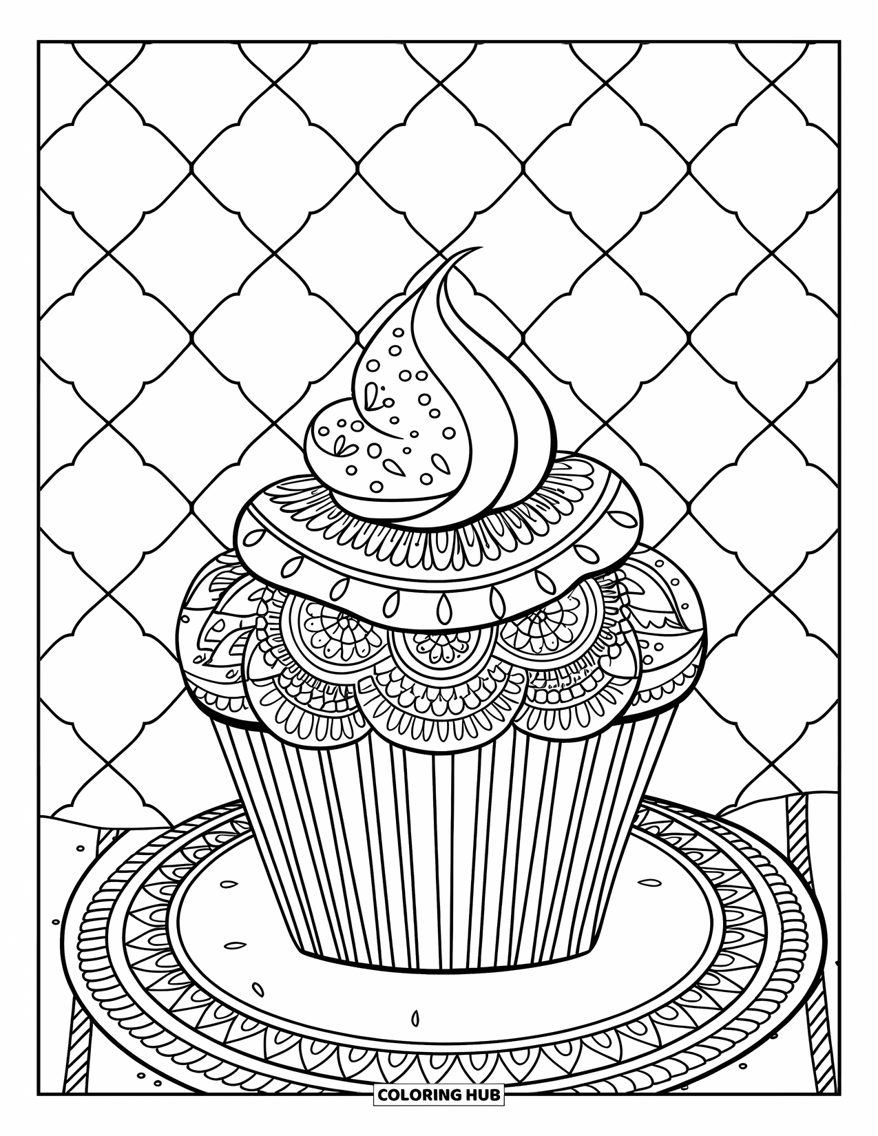 Cupcake Ausmalbild für Erwachsene: Ein Cupcake mit Henna-Mustern und Streuseln sitzt auf einem Teller