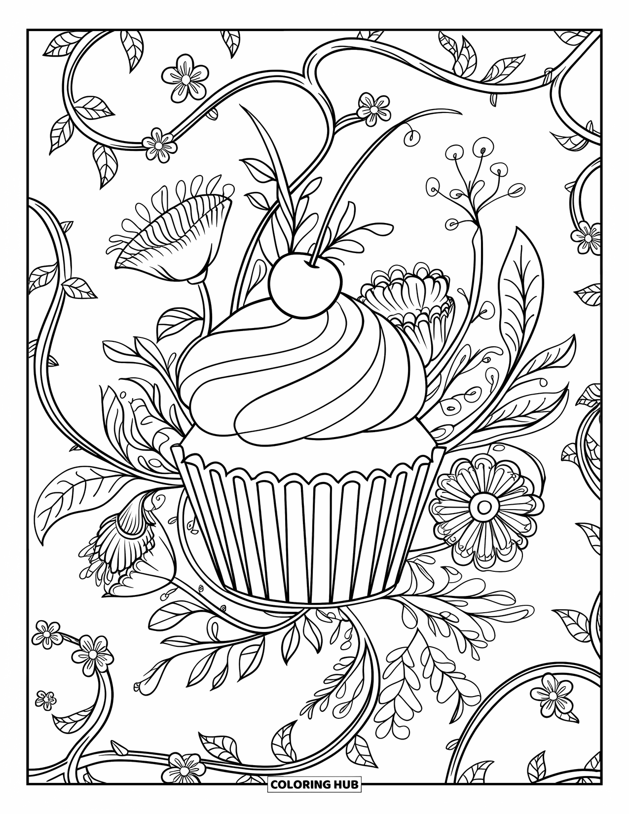 Cupcake Ausmalbild für Erwachsene: Ein Cupcake mit Zuckerguss und einer Kirsche sitzt zwischen Blumen und Ranken
