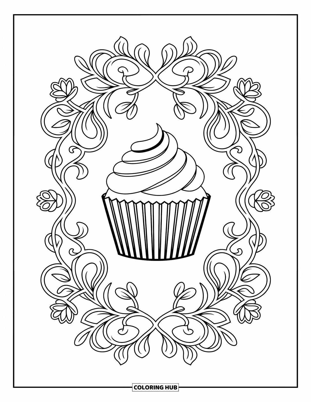 Cupcake Ausmalbild für Erwachsene: Ein Cupcake mit Blättern und Ranken sitzt inmitten wirbelnder Blumenmuster