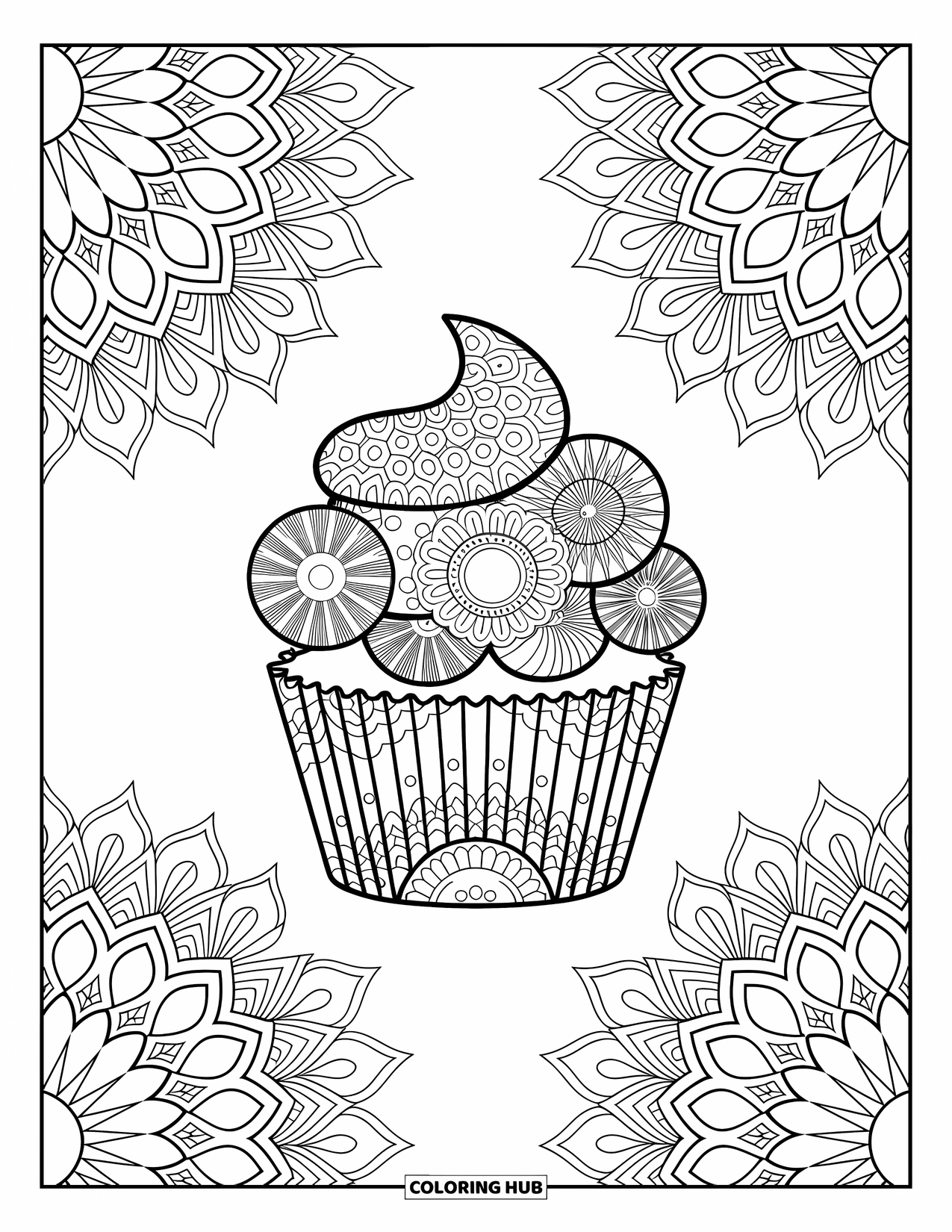 Cupcake Ausmalbild für Erwachsene: Ein Cupcake mit Mandala-Mustern sitzt inmitten detaillierter Bordüren und Blumenmotiven