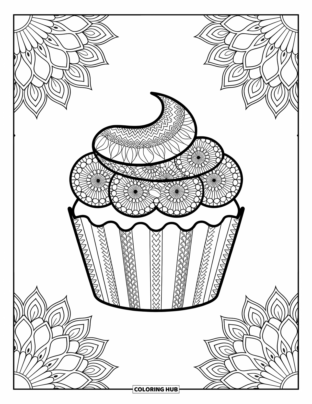 Cupcake Ausmalbild für Erwachsene: Ein Cupcake mit Mandala-Mustern sitzt inmitten von Blumenmotiven und verzierten Bordüren