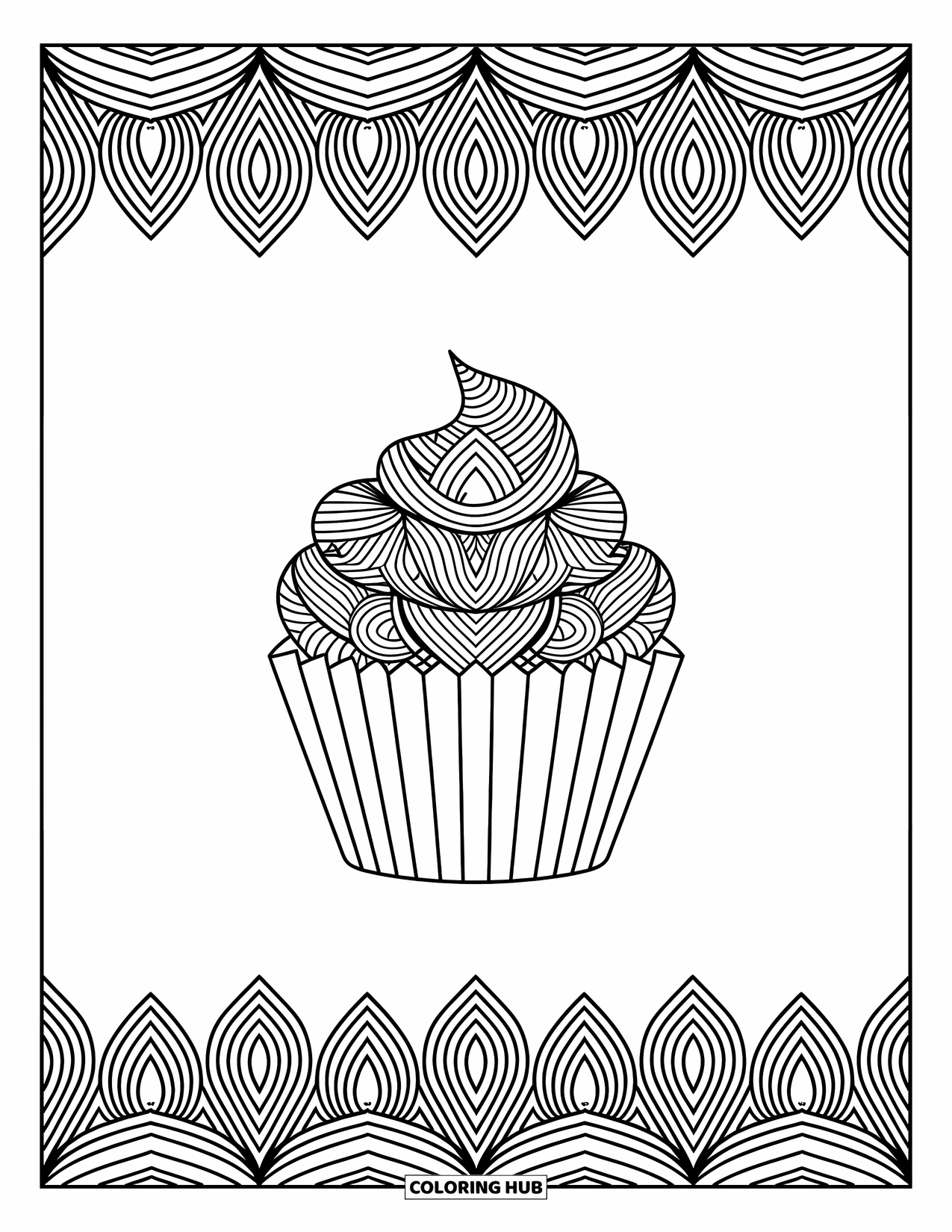 Cupcake Ausmalbild für Erwachsene: Ein Cupcake mit Mandala-Mustern sitzt im Zentrum, umrahmt von detaillierten Bordüren