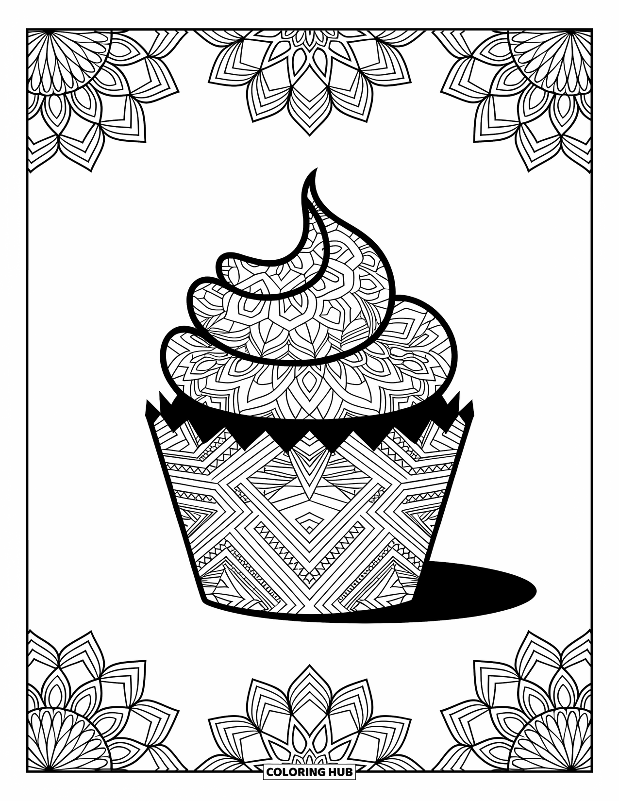Cupcake Ausmalbild für Erwachsene: Ein Cupcake mit Mandala-Mustern sitzt anmutig mit filigranen Bordüren und Blumendesigns