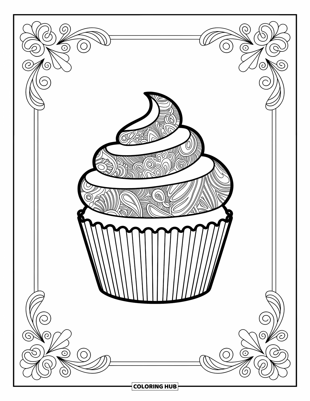Cupcake Ausmalbild für Erwachsene: Ein Cupcake mit Paisley-Details sitzt inmitten von Blumenmotiven und verzierten Bordüren