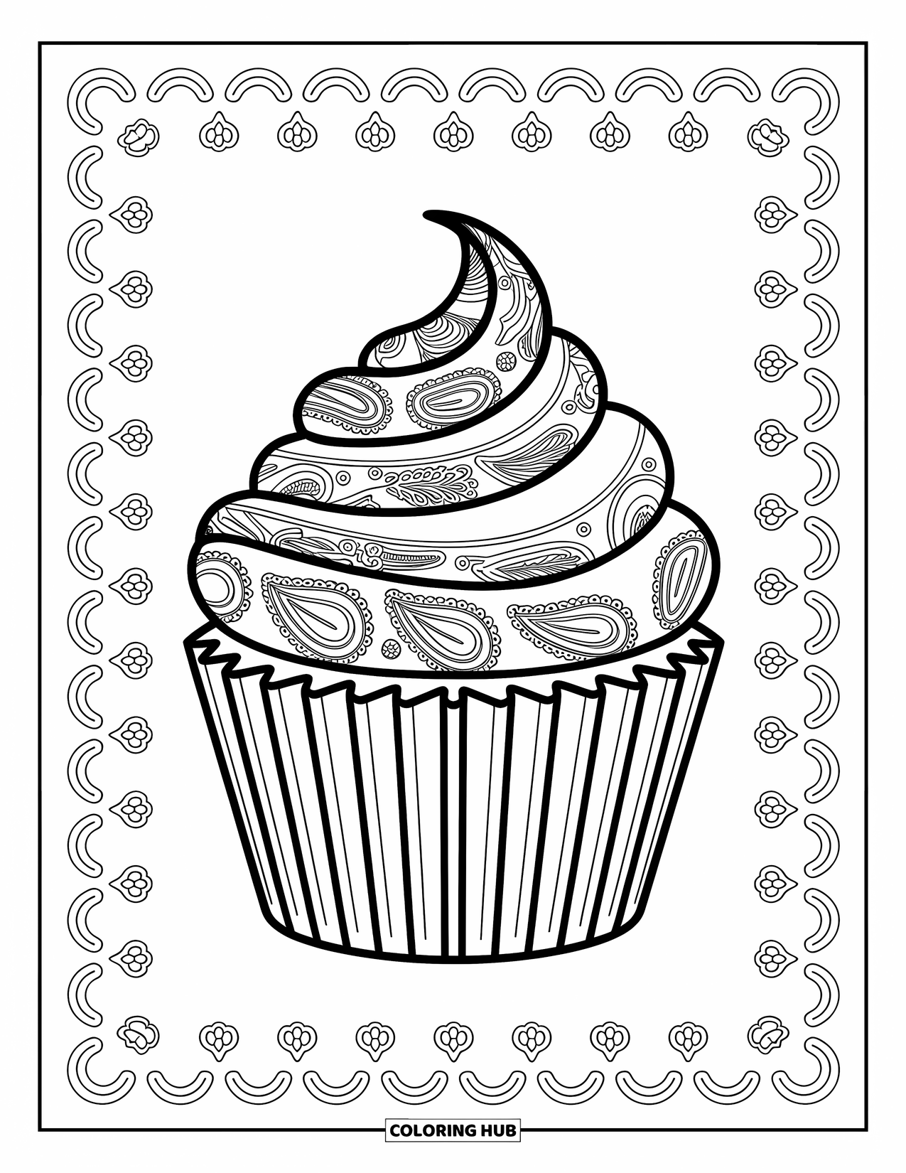 Cupcake Ausmalbild für Erwachsene: Ein Cupcake mit Paisley-Zuckerguss sitzt umgeben von zarten und filigranen Mustern