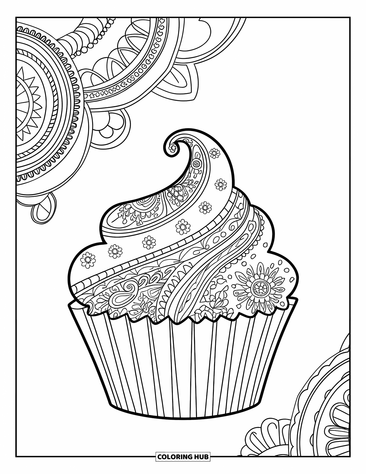 Cupcake Ausmalbild für Erwachsene: Ein Cupcake mit Paisley-Zuckerguss sitzt mit künstlerischen Mustern um ihn herum