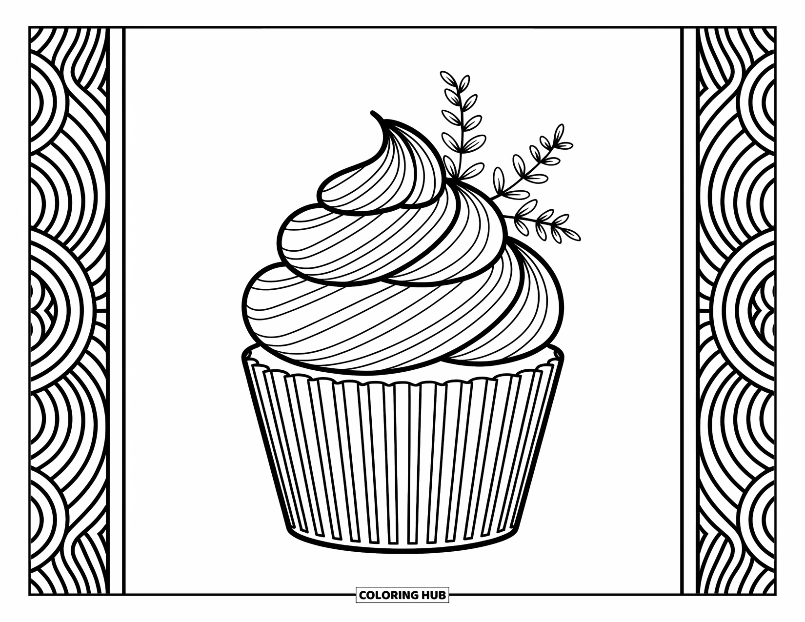 Cupcake Ausmalbild für Erwachsene: Ein Cupcake mit Wirbeln und botanischen Details sitzt vor einem floral gemusterten Hintergrund