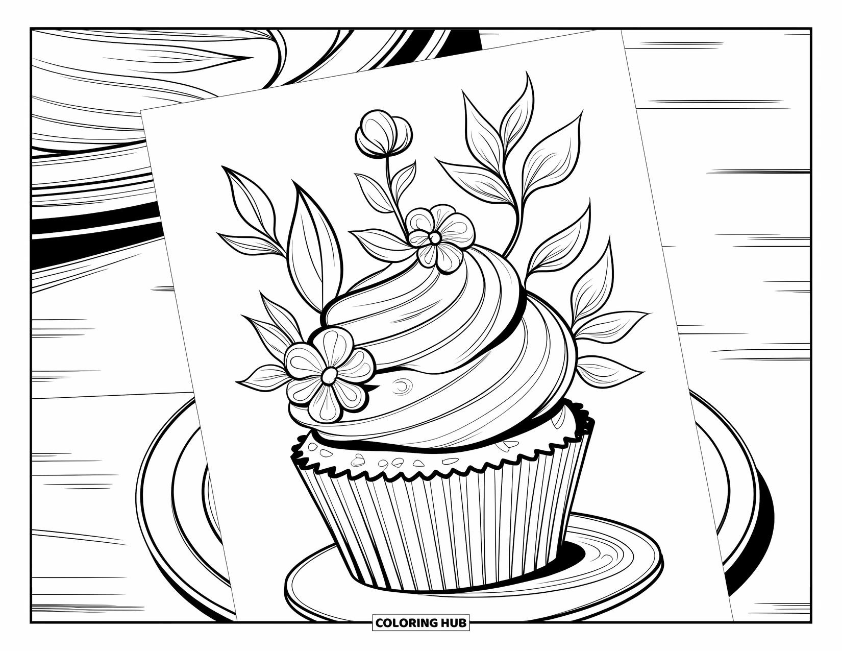 Cupcake Ausmalbild für Erwachsene: Ein Cupcake mit Wirbeln und Blumen sitzt auf einem Teller mit botanischen Akzenten