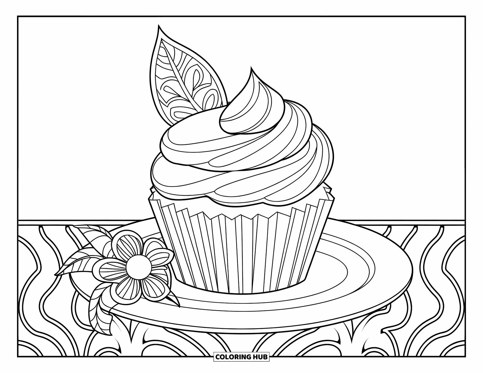 Cupcake Ausmalbild für Erwachsene: Ein Cupcake mit Wirbeln und Blättern sitzt auf einem Teller mit einer Blume in der Nähe
