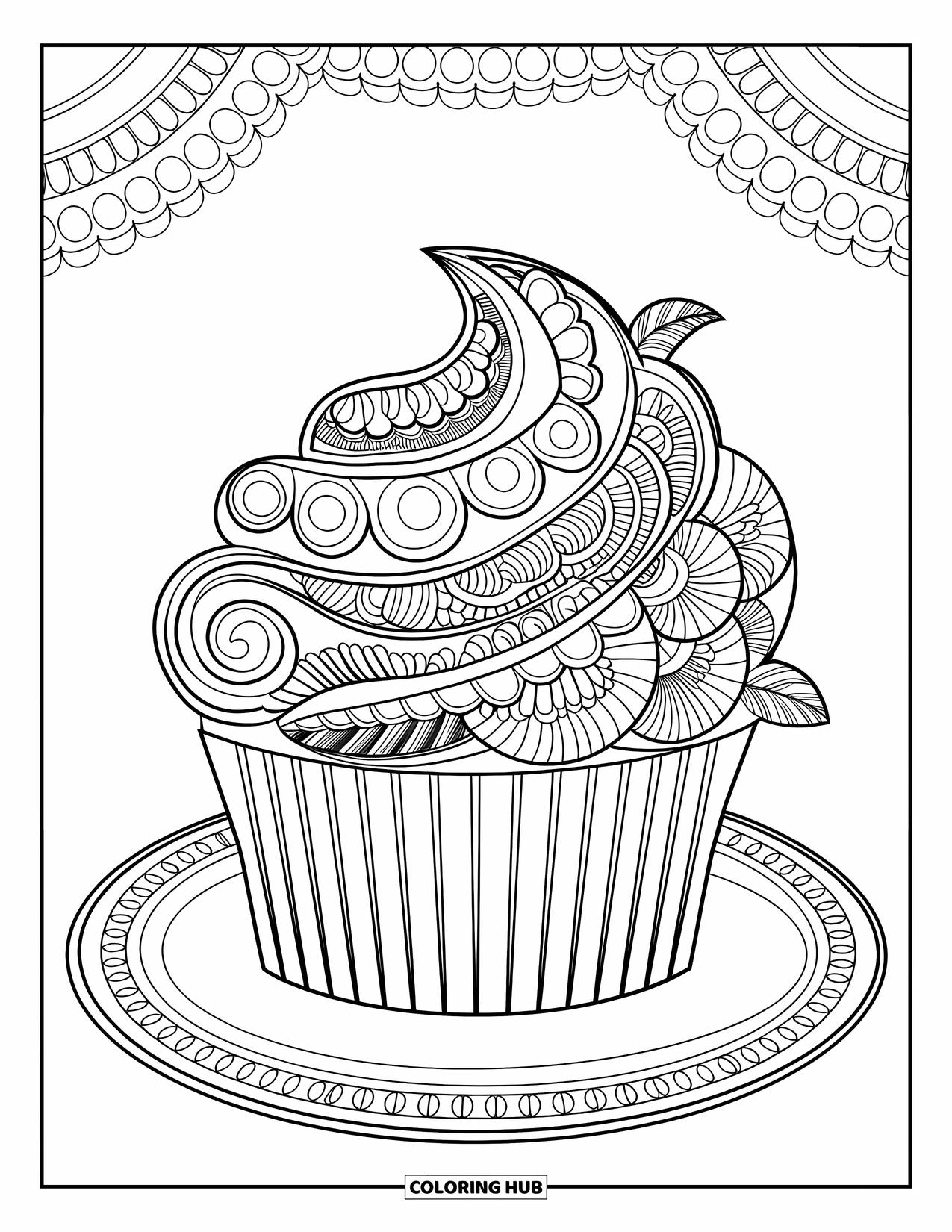 Cupcake Ausmalbild für Erwachsene: Ein Cupcake mit Wirbeln, Blumen und Blättern im Zuckerguss sitzt auf einem Teller