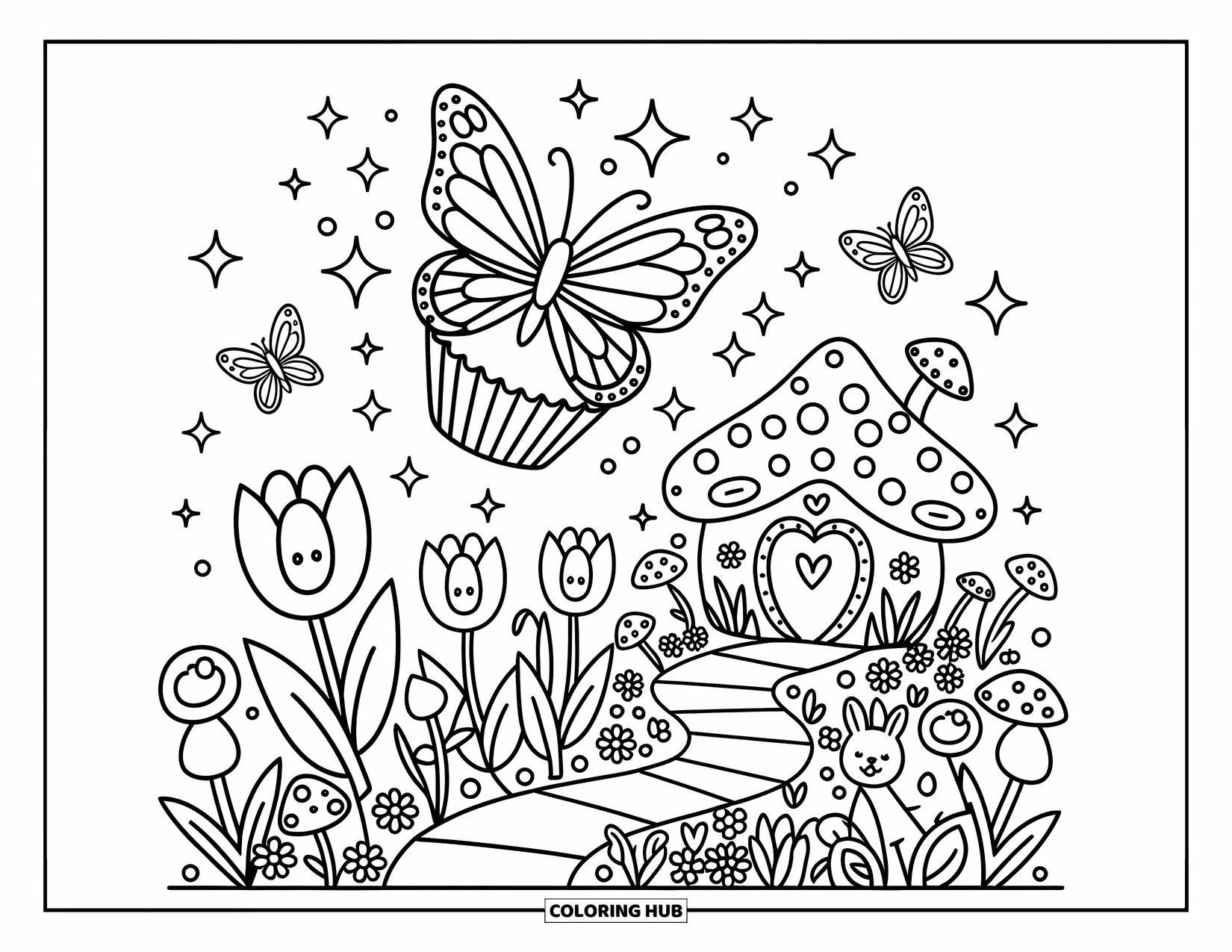 Cupcake Ausmalbild für Erwachsene: Ein Cupcake mit Flügeln flattert über Tulpen und Pilze, während ein Hase zusieht