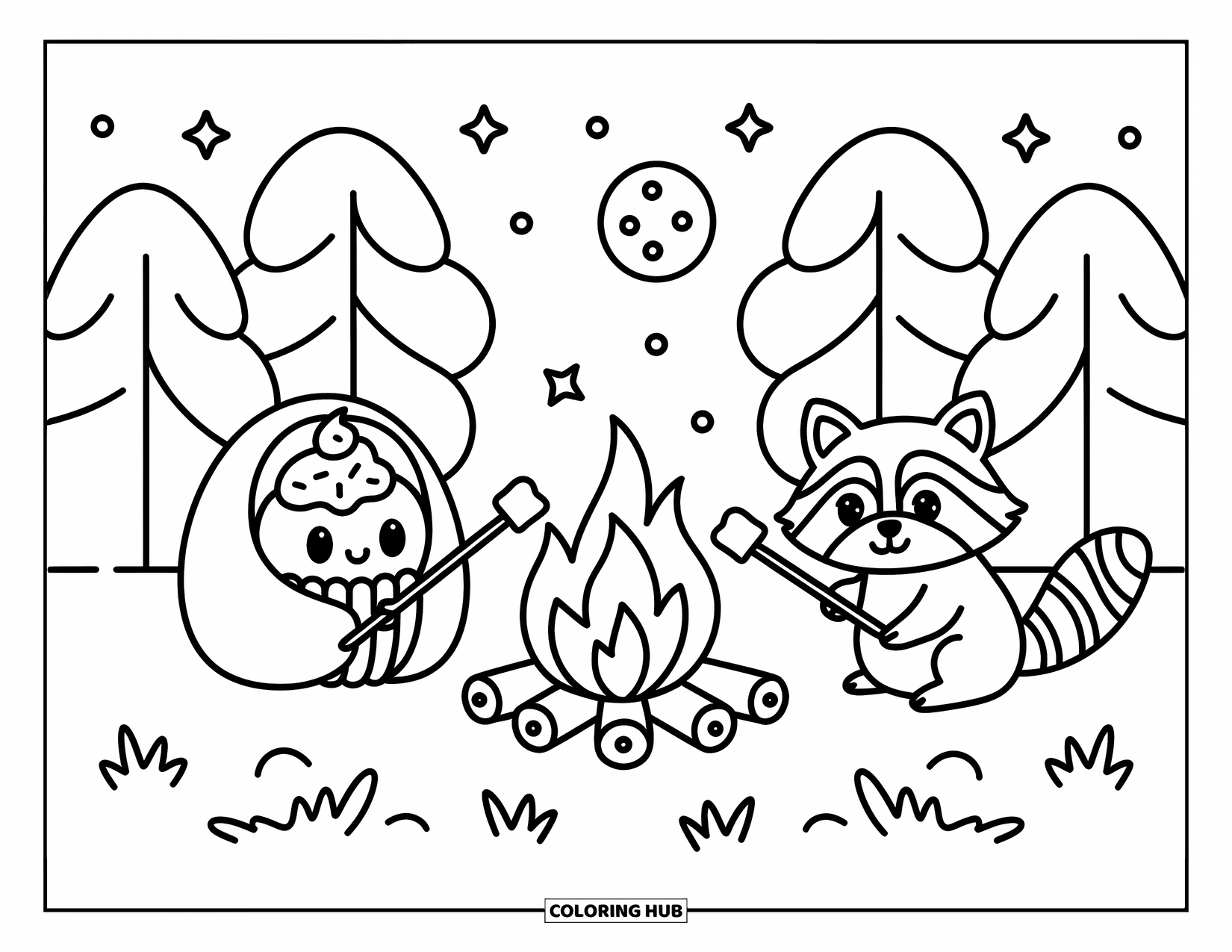 Cupcake Ausmalbild für Erwachsene: Ein in einen Schlafsack gewickelter Cupcake röstet Marshmallows mit einem Waschbären am Feuer