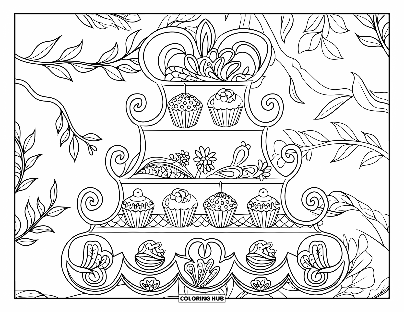 Cupcake Ausmalbild für Erwachsene: Ein gebogener Cupcake-Ständer mit Blättern und Schriftrollen hält verschiedene Cupcakes