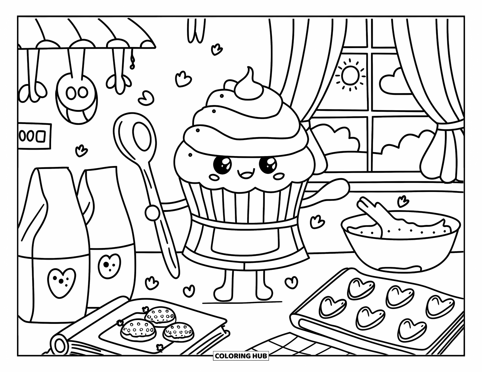 Cupcake Ausmalbild für Erwachsene: Ein süßer Cupcake backt herzförmige Kekse in einer warmen Küche voller Leckereien und Sonnenschein