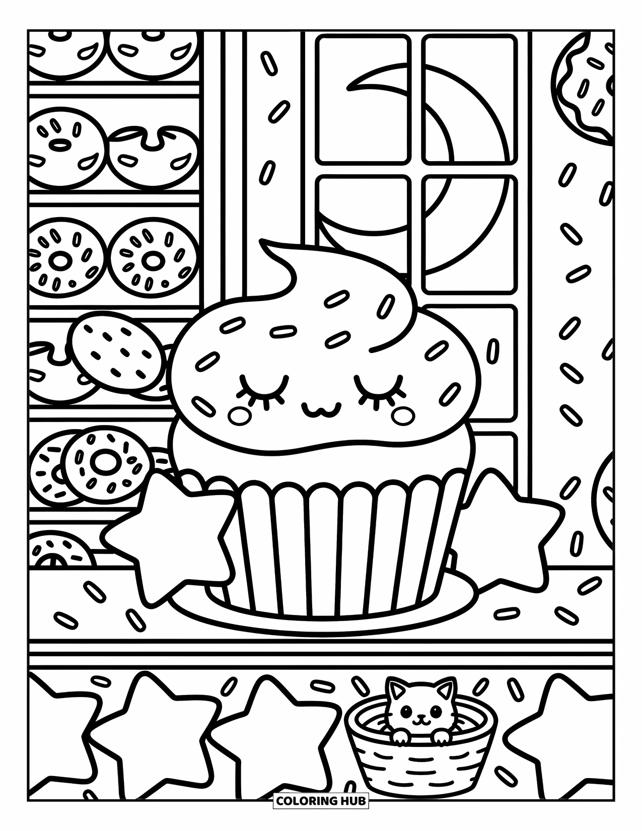 Cupcake Ausmalbild für Erwachsene: Ein schläfriger Cupcake liegt auf einem Regal mit Sternenkissen, Keksen und einer neugierigen Katze
