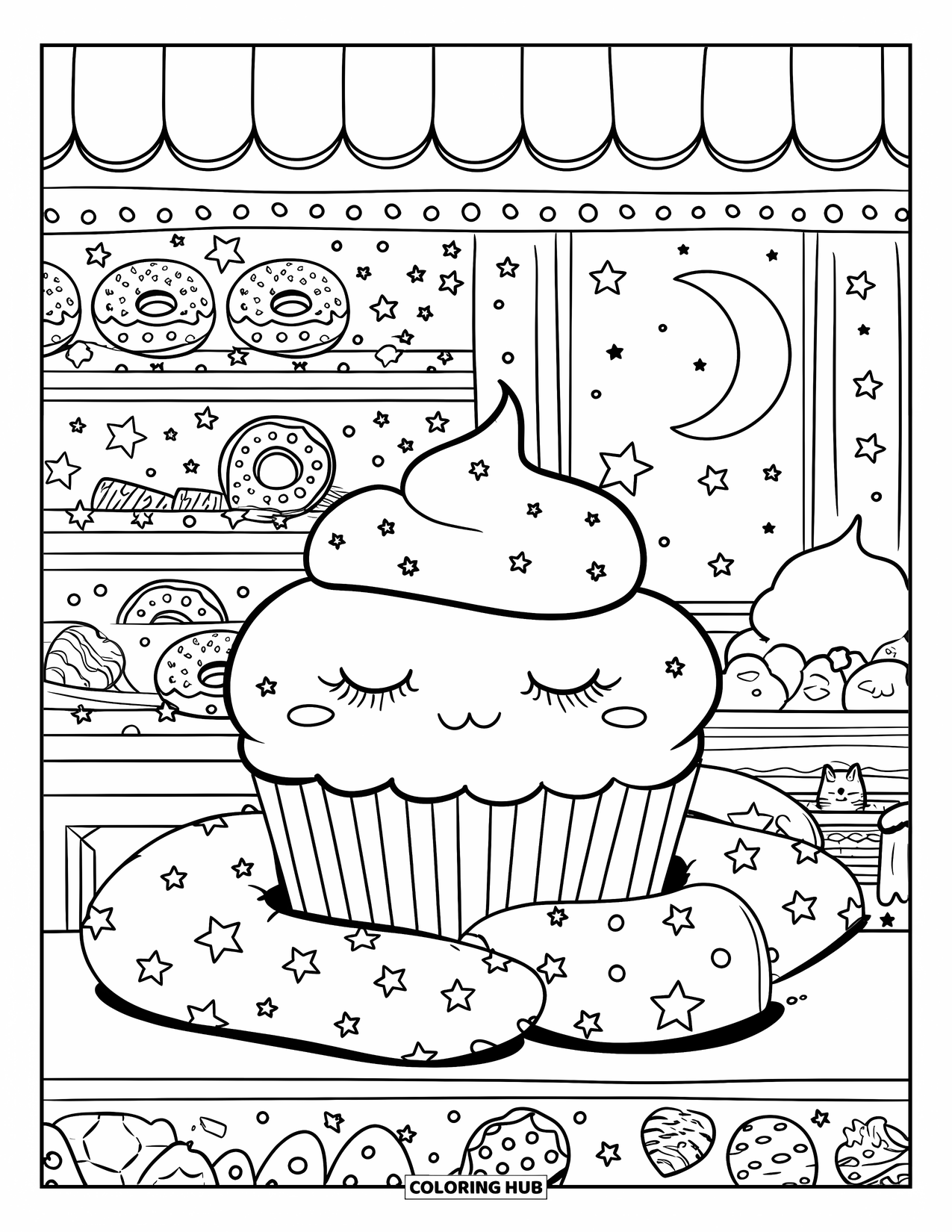 Cupcake Ausmalbild für Erwachsene: Ein schläfriger Cupcake entspannt sich auf einem Bäckereiregal, umgeben von Keksen, Donuts und Streuseln