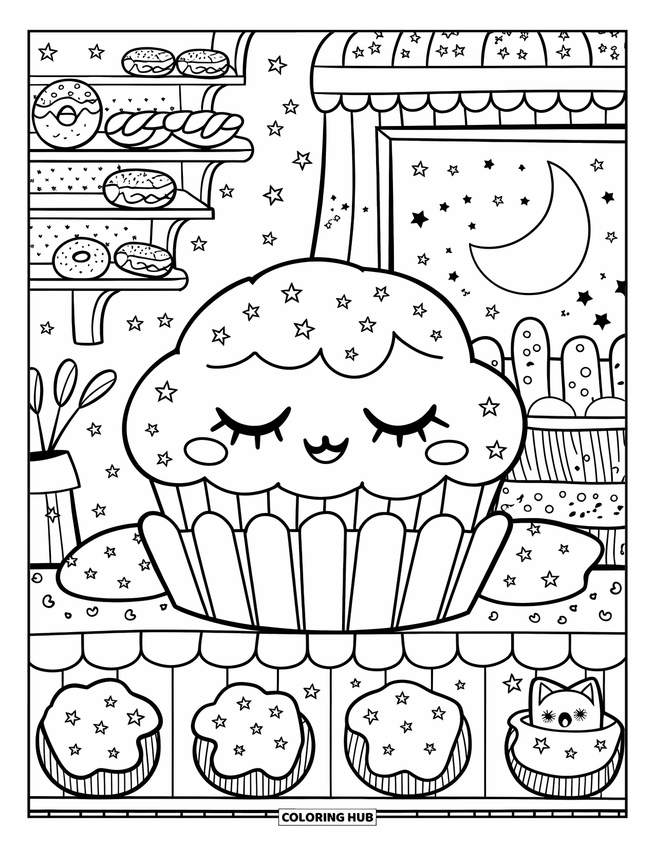 Cupcake Ausmalbild für Erwachsene: Ein schläfriger Cupcake ruht auf einem Regal mit Donuts und Streuseln in einer verträumten Bäckerei